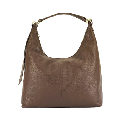 RB1017BV | Borsa Donna a spalla Morbida in Vera Pelle Made in Italy con manico singolo e tracolla removibile. Attacchi con moschettoni in metallo Oro Lucido - Colore Cioccolato - Dimensioni: cm 36 x 40 x 13 - www.Shopthatapp.com