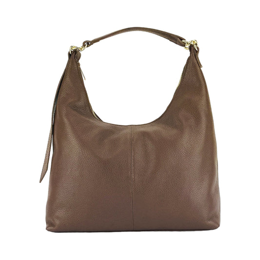 RB1017BV | Borsa Donna a spalla Morbida in Vera Pelle Made in Italy con manico singolo e tracolla removibile. Attacchi con moschettoni in metallo Oro Lucido - Colore Cioccolato - Dimensioni: cm 36 x 40 x 13 - www.Shopthatapp.com