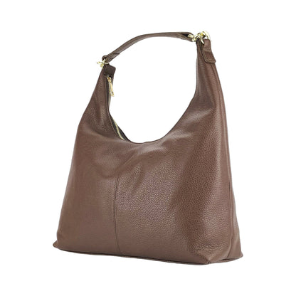 RB1017BV | Borsa Donna a spalla Morbida in Vera Pelle Made in Italy con manico singolo e tracolla removibile. Attacchi con moschettoni in metallo Oro Lucido - Colore Cioccolato - Dimensioni: cm 36 x 40 x 13 - www.Shopthatapp.com
