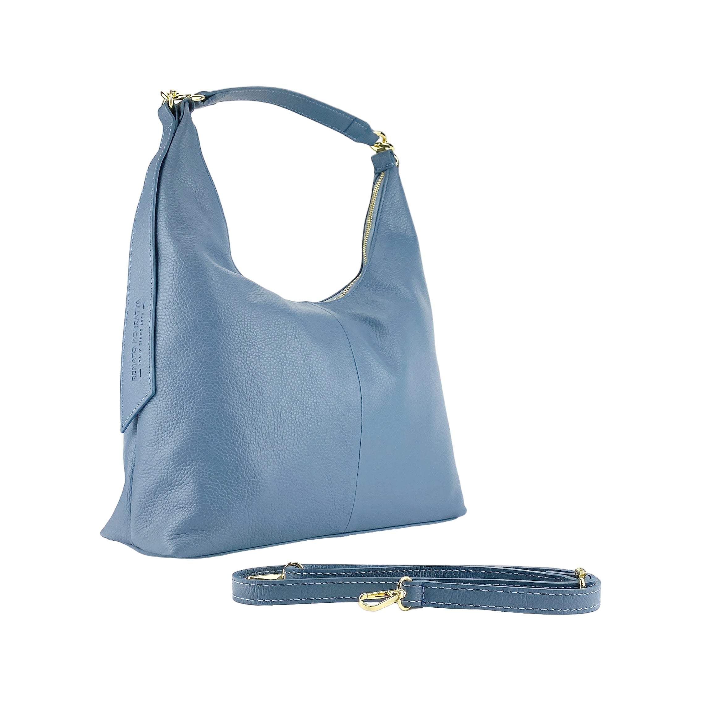 RB1017P | Borsa Donna a spalla Morbida in Vera Pelle Made in Italy con tracolla removibile. Attacchi con moschettoni in metallo Oro Lucido - Colore Avio - Dimensioni: cm 36 x 40 x 13 - www.Shopthatapp.com