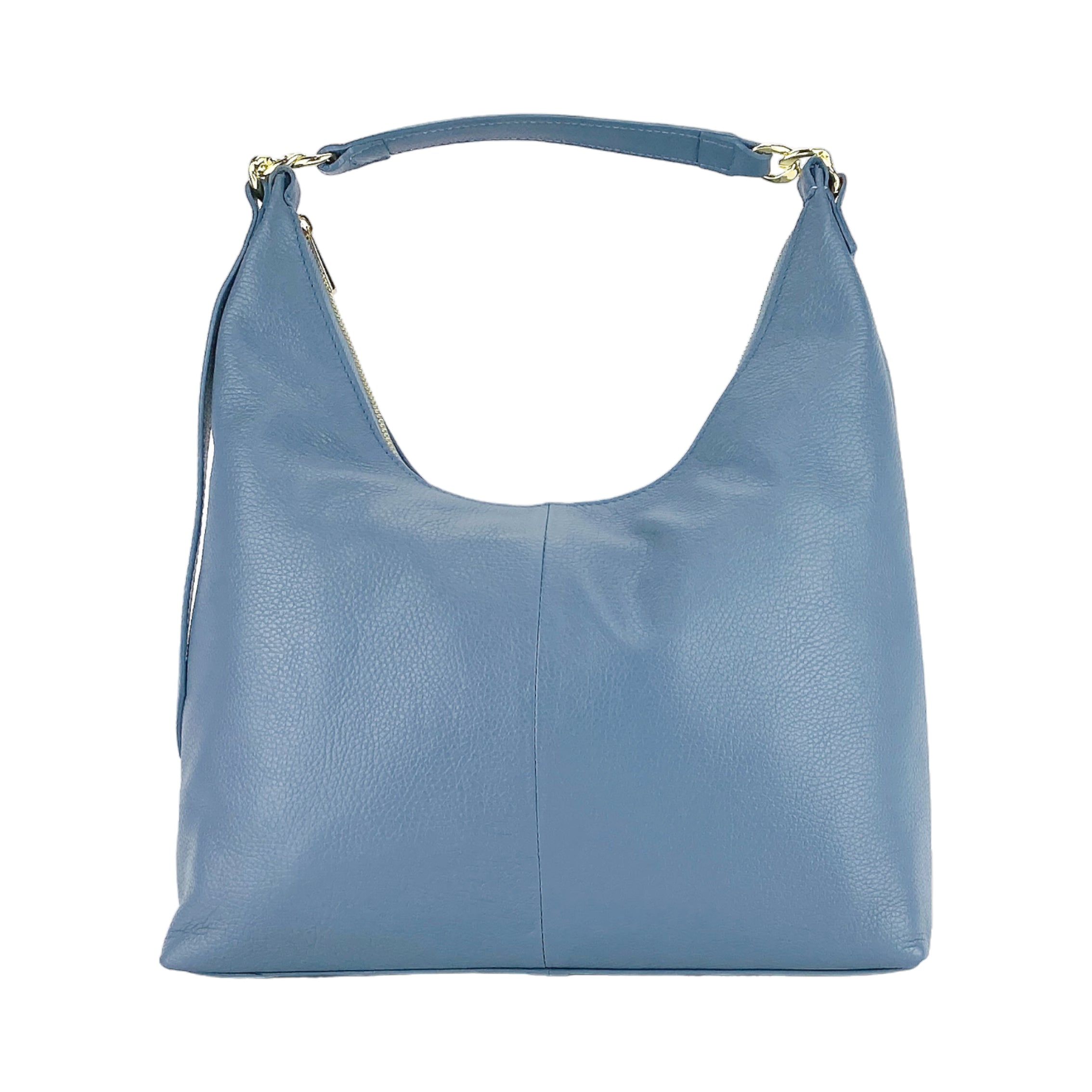 RB1017P | Borsa Donna a spalla Morbida in Vera Pelle Made in Italy con tracolla removibile. Attacchi con moschettoni in metallo Oro Lucido - Colore Avio - Dimensioni: cm 36 x 40 x 13 - www.Shopthatapp.com