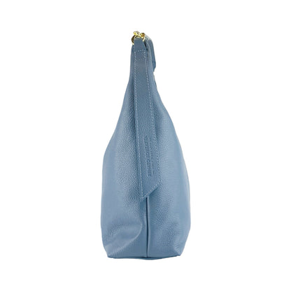 RB1017P | Borsa Donna a spalla Morbida in Vera Pelle Made in Italy con tracolla removibile. Attacchi con moschettoni in metallo Oro Lucido - Colore Avio - Dimensioni: cm 36 x 40 x 13