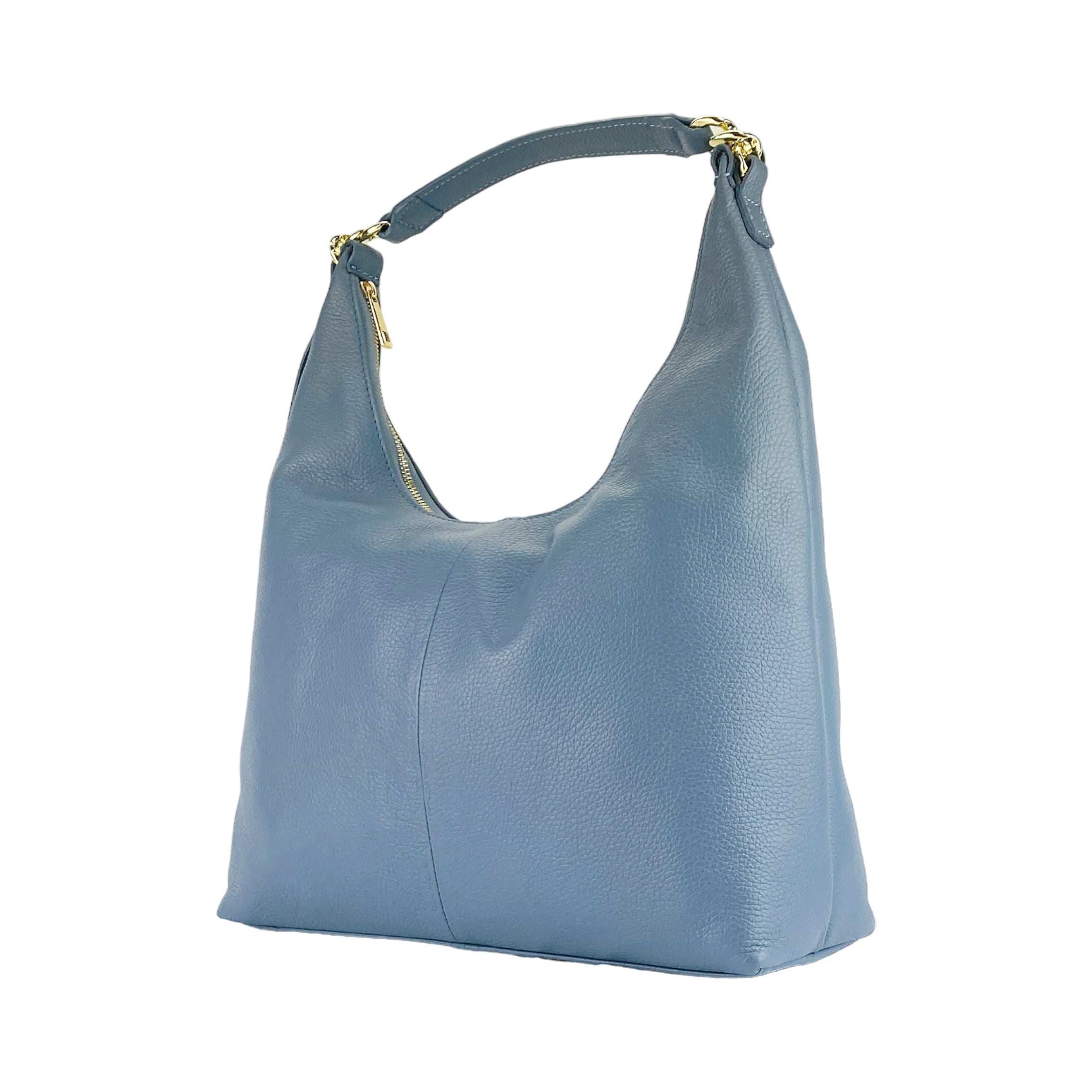 RB1017P | Borsa Donna a spalla Morbida in Vera Pelle Made in Italy con tracolla removibile. Attacchi con moschettoni in metallo Oro Lucido - Colore Avio - Dimensioni: cm 36 x 40 x 13 - www.Shopthatapp.com