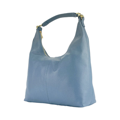 RB1017P | Borsa Donna a spalla Morbida in Vera Pelle Made in Italy con tracolla removibile. Attacchi con moschettoni in metallo Oro Lucido - Colore Avio - Dimensioni: cm 36 x 40 x 13