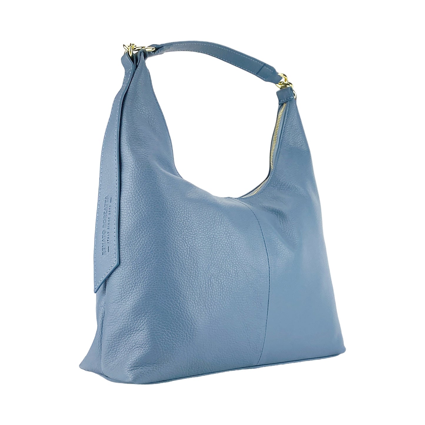 RB1017P | Borsa Donna a spalla Morbida in Vera Pelle Made in Italy con tracolla removibile. Attacchi con moschettoni in metallo Oro Lucido - Colore Avio - Dimensioni: cm 36 x 40 x 13