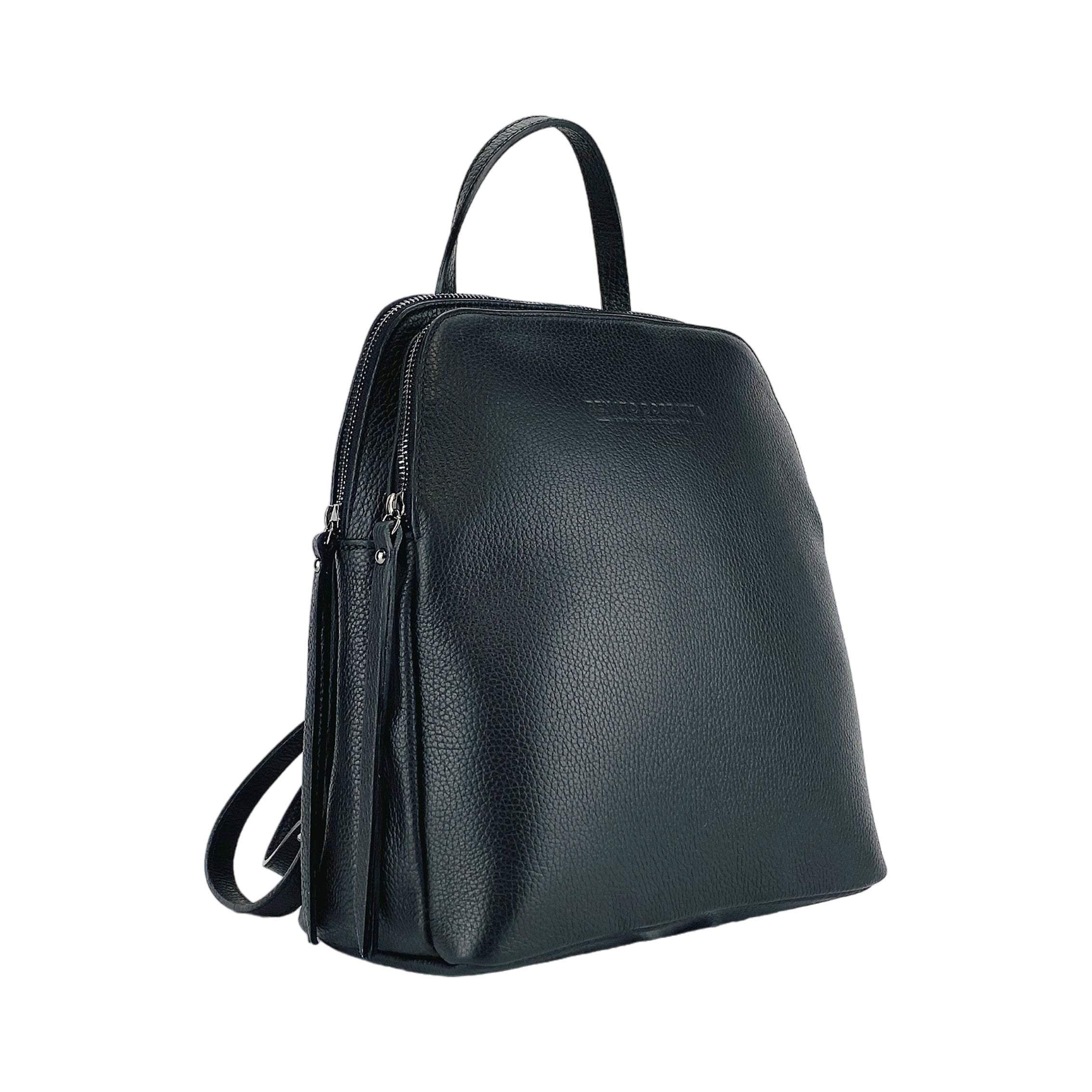 RB1018A | Zaino Donna Doppio scomparto in Vera Pelle Made in Italy con spallacci regolabili. Accessori in metallo Canna di Fucile - Colore Nero - Dimensioni: cm 26 x 30 x 14,5 - www.Shopthatapp.com