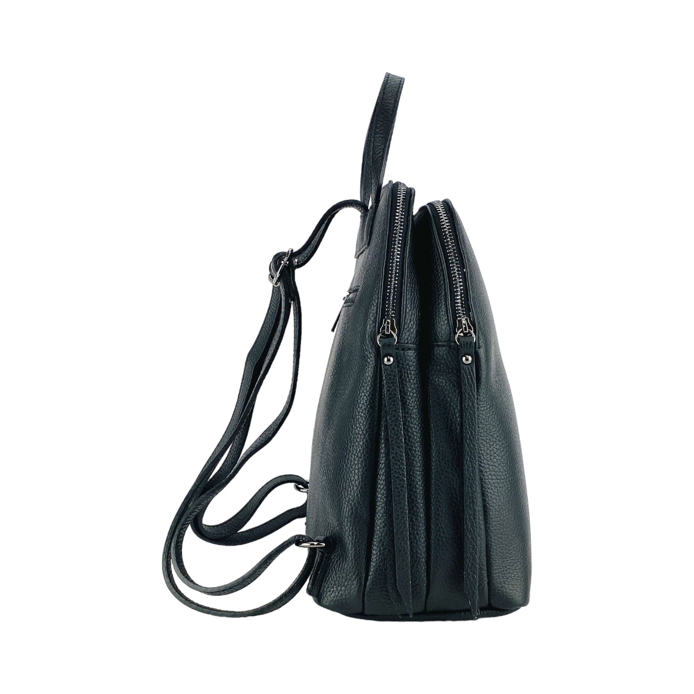RB1018A | Zaino Donna Doppio scomparto in Vera Pelle Made in Italy con spallacci regolabili. Accessori in metallo Canna di Fucile - Colore Nero - Dimensioni: cm 26 x 30 x 14,5 - www.Shopthatapp.com