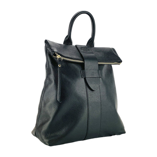 RB1021A | Zaino Donna Morbido en Vera Pelle Fabriqué en Italie avec Spallacci regolabili. Lampe et accessoires en métal doré clair - Couleur Nero - Dimensions: cm 30 x 34 x 10,5