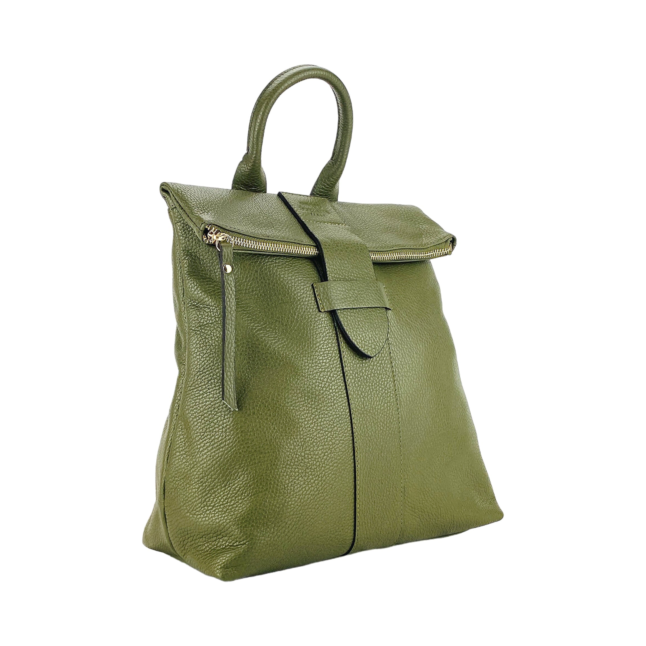 RB1021E | Zaino Donna Morbido in Vera Pelle Made in Italy con Spallacci regolabili. Chiusura lampo e Accessori in metallo Oro Lucido - Colore Verde - Dimensioni: cm 30 x 34 x 10,5 - www.Shopthatapp.com