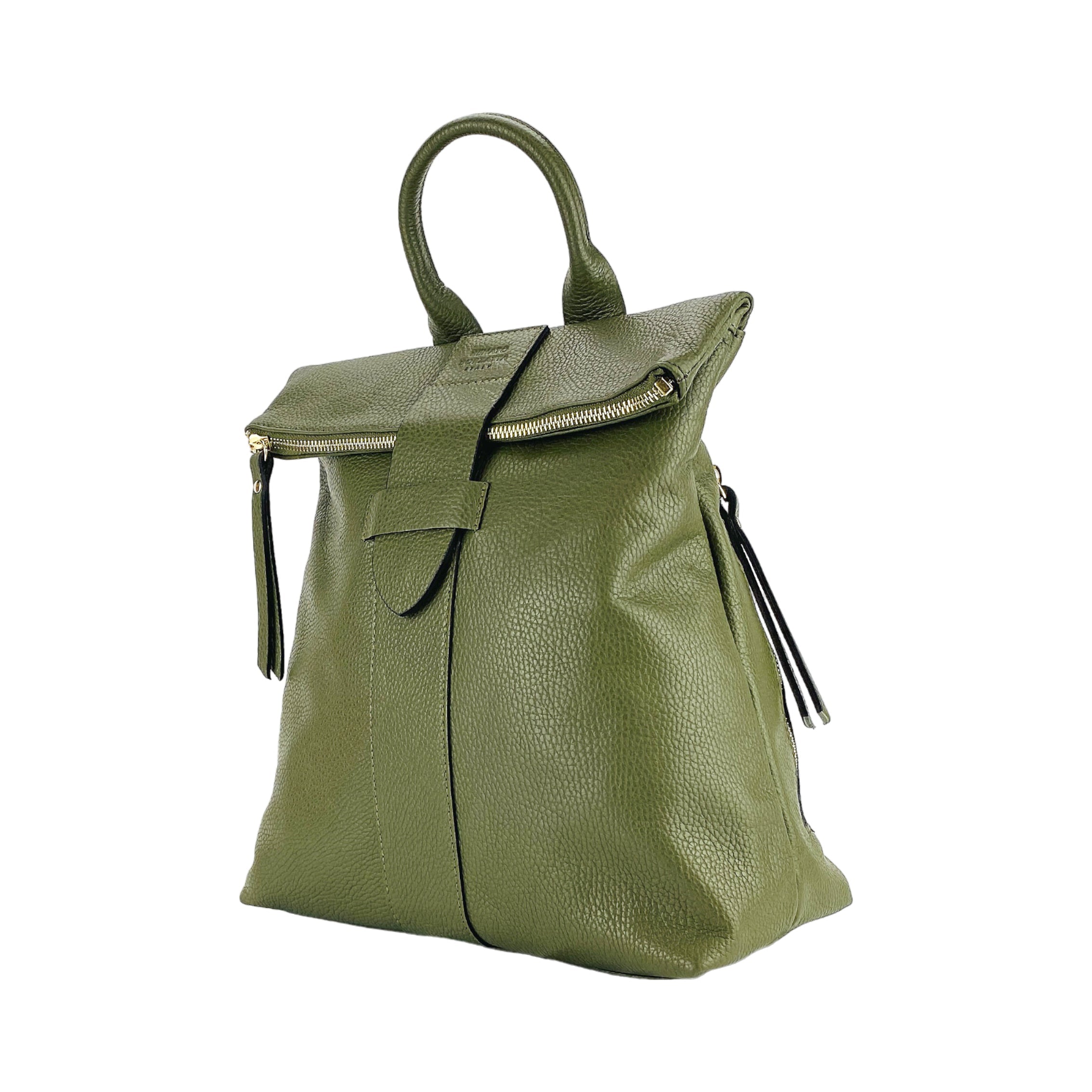 RB1021E | Zaino Donna Morbido in Vera Pelle Made in Italy con Spallacci regolabili. Chiusura lampo e Accessori in metallo Oro Lucido - Colore Verde - Dimensioni: cm 30 x 34 x 10,5 - www.Shopthatapp.com
