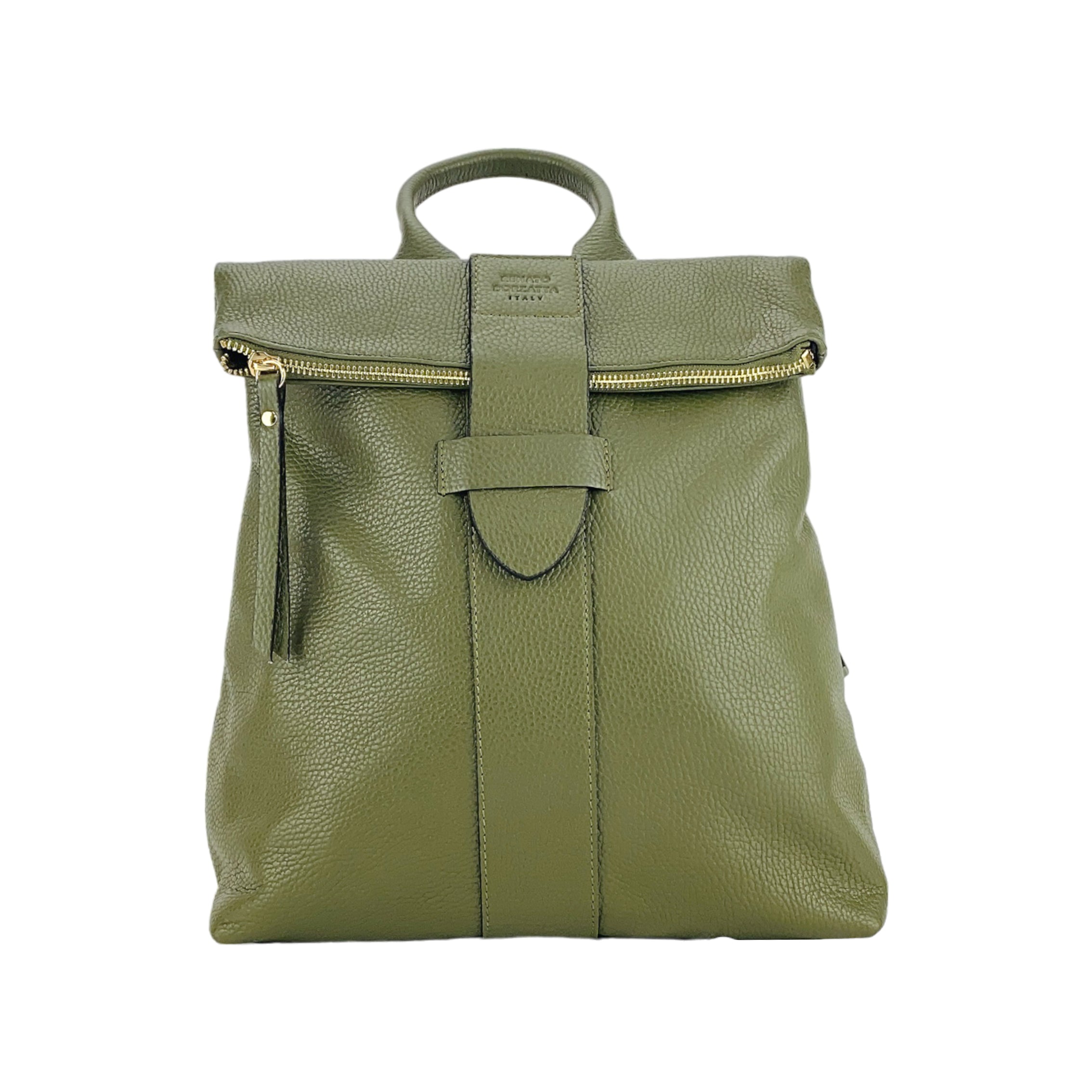 RB1021E | Zaino Donna Morbido in Vera Pelle Made in Italy con Spallacci regolabili. Chiusura lampo e Accessori in metallo Oro Lucido - Colore Verde - Dimensioni: cm 30 x 34 x 10,5 - www.Shopthatapp.com
