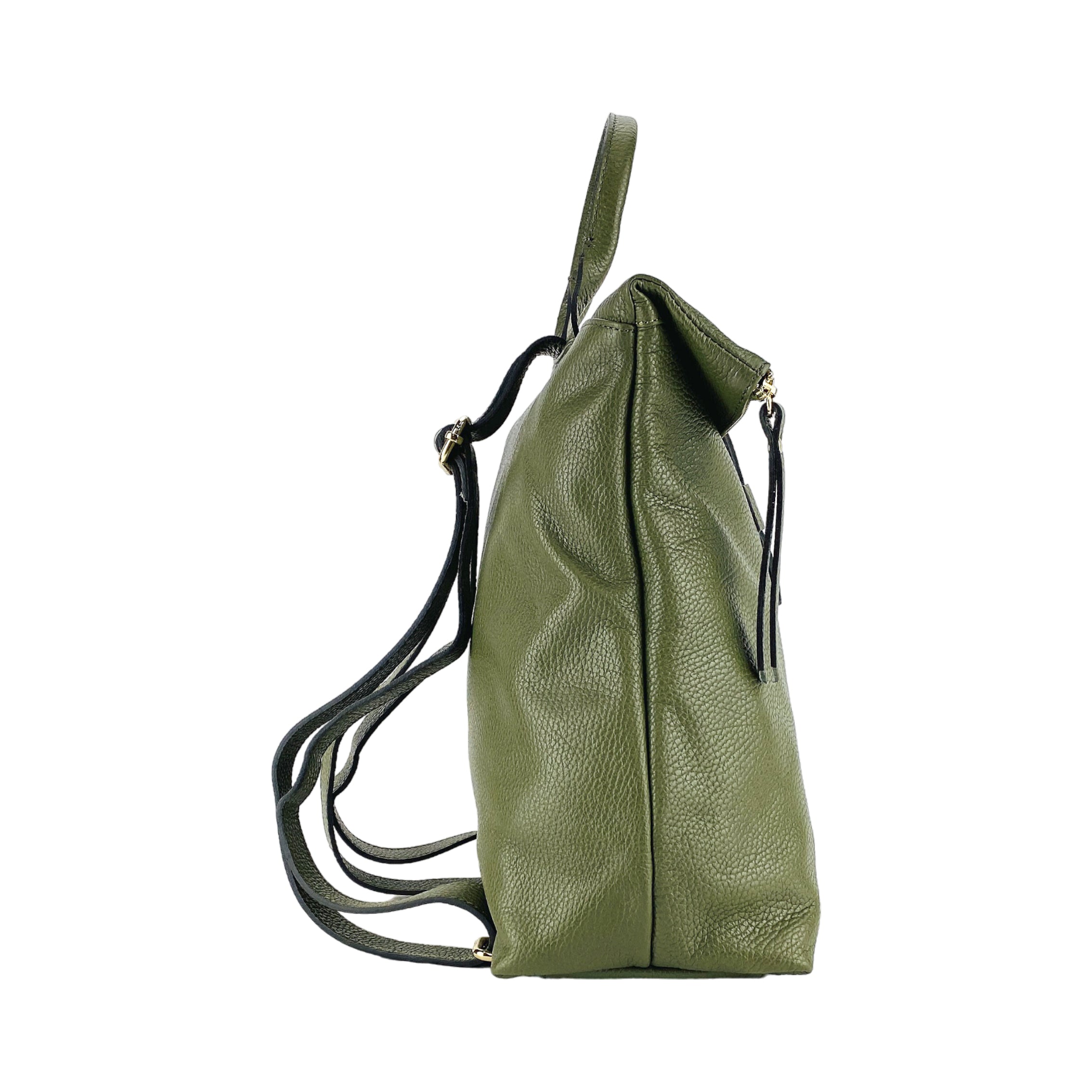 RB1021E | Zaino Donna Morbido in Vera Pelle Made in Italy con Spallacci regolabili. Chiusura lampo e Accessori in metallo Oro Lucido - Colore Verde - Dimensioni: cm 30 x 34 x 10,5 - www.Shopthatapp.com