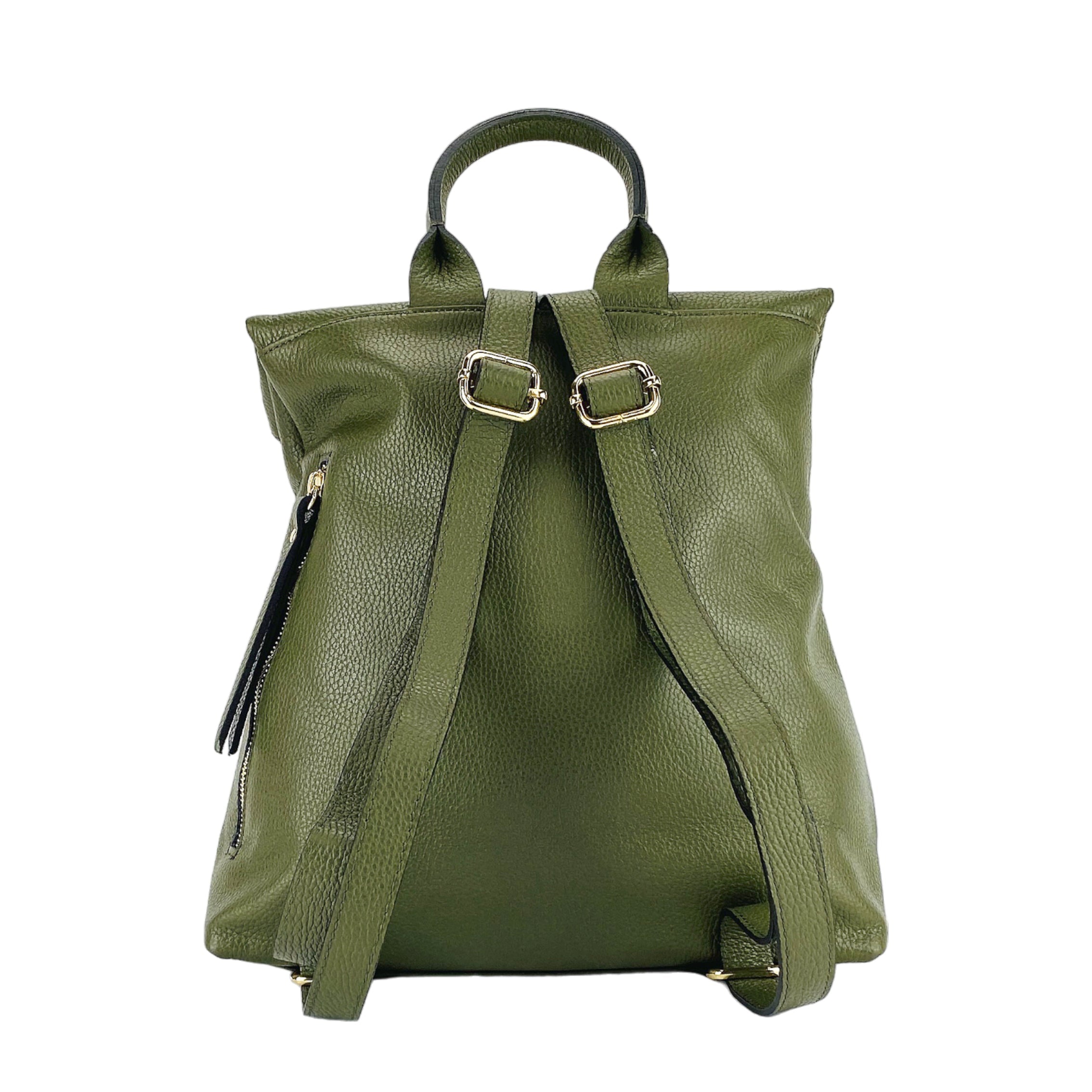 RB1021E | Zaino Donna Morbido in Vera Pelle Made in Italy con Spallacci regolabili. Chiusura lampo e Accessori in metallo Oro Lucido - Colore Verde - Dimensioni: cm 30 x 34 x 10,5 - www.Shopthatapp.com