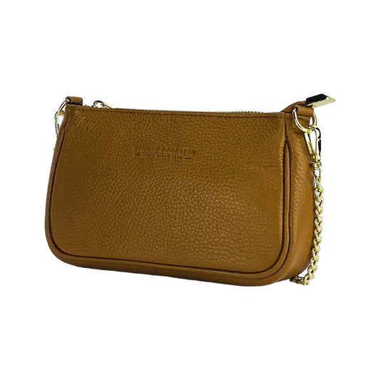 RB1022S | Borsa Piccola en Vera Pelle Fabriqué en Italie avec Tracolla a catena amovible. Lampe avec lampe et accessoires en métal doré clair - Couleur Cognac - Dimensions: cm 20 x 12 x 6