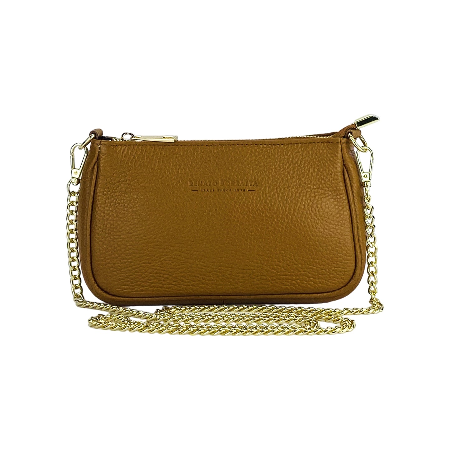 RB1022S | Borsa Piccola in Vera Pelle Made in Italy con Tracolla a catena removibile. Chiusura con lampo e Accessori in metallo Oro Lucido - Colore Cognac - Dimensioni: cm 20 x 12 x 6
