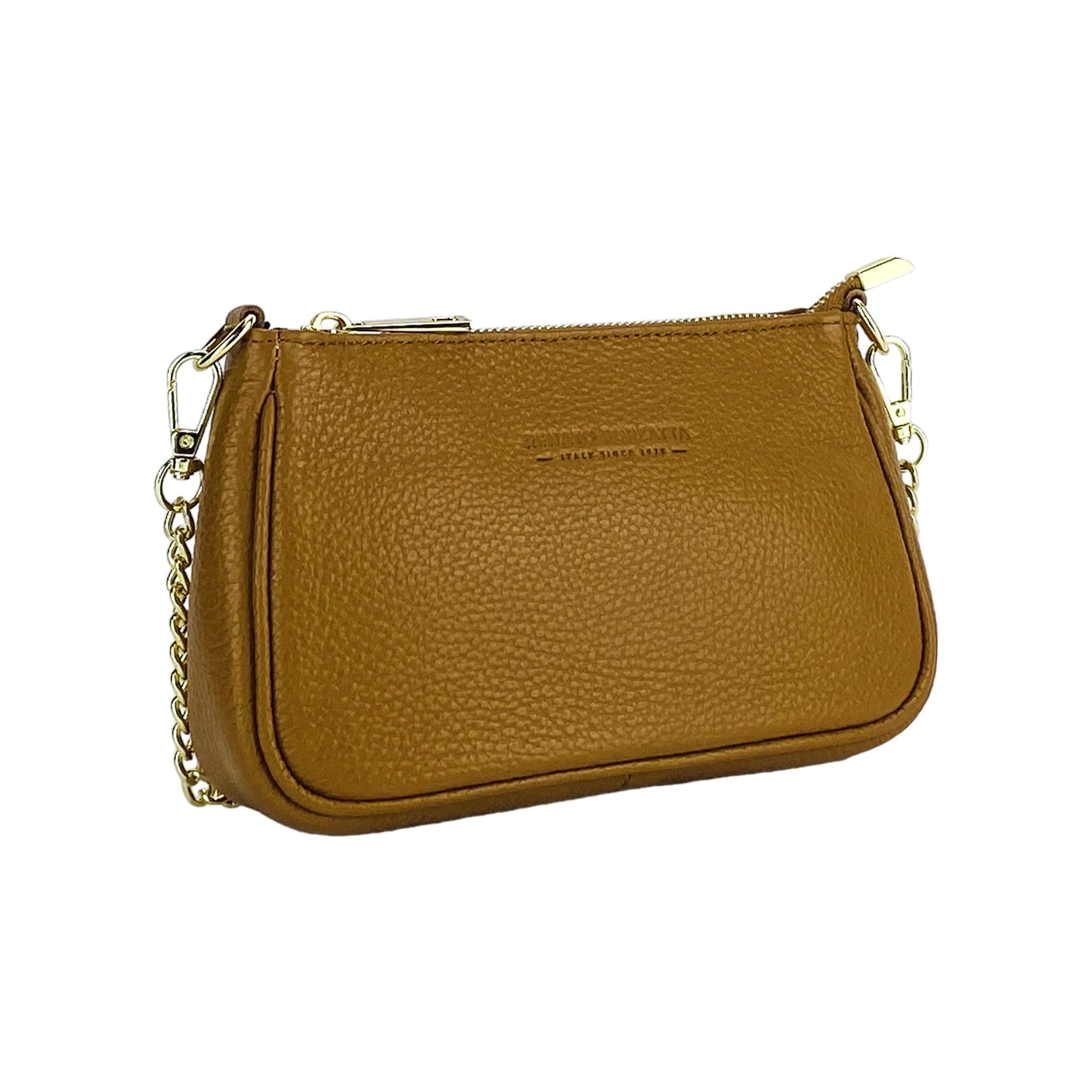 RB1022S | Borsa Piccola in Vera Pelle Made in Italy con Tracolla a catena removibile. Chiusura con lampo e Accessori in metallo Oro Lucido - Colore Cognac - Dimensioni: cm 20 x 12 x 6
