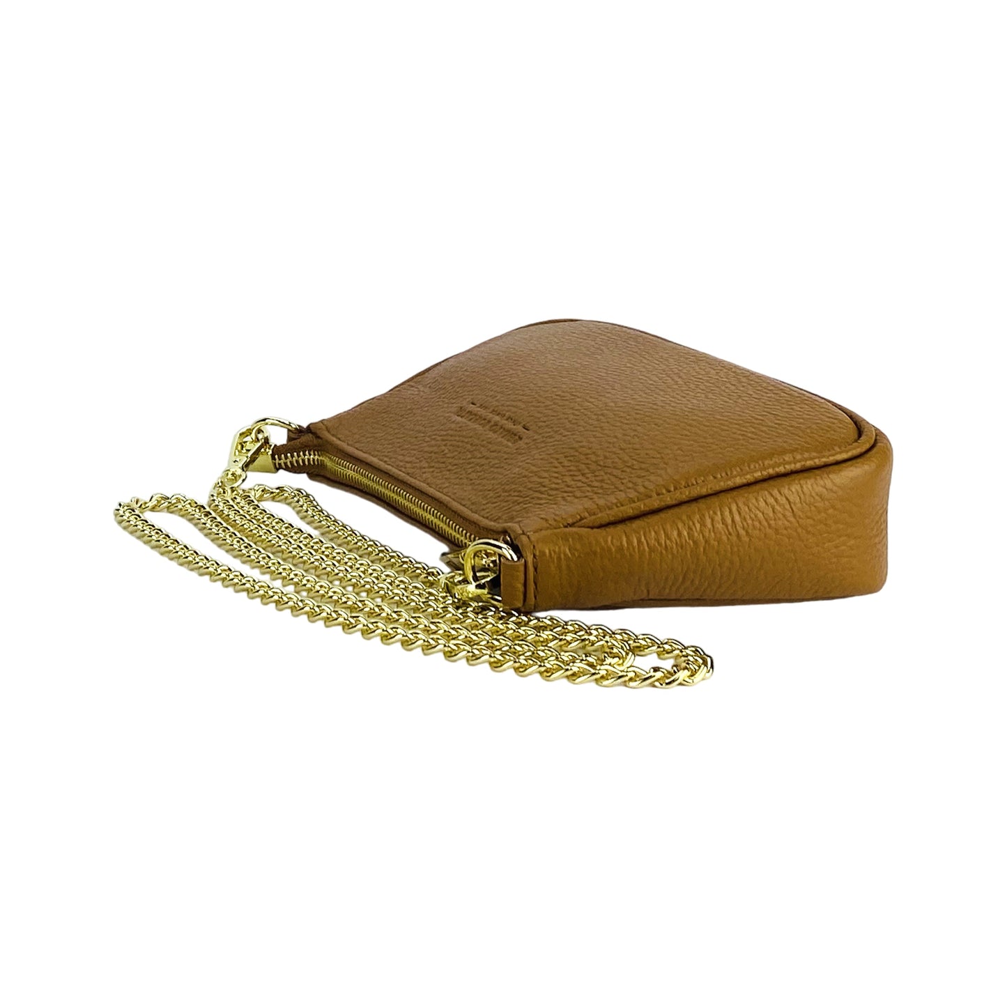 RB1022S | Borsa Piccola in Vera Pelle Made in Italy con Tracolla a catena removibile. Chiusura con lampo e Accessori in metallo Oro Lucido - Colore Cognac - Dimensioni: cm 20 x 12 x 6