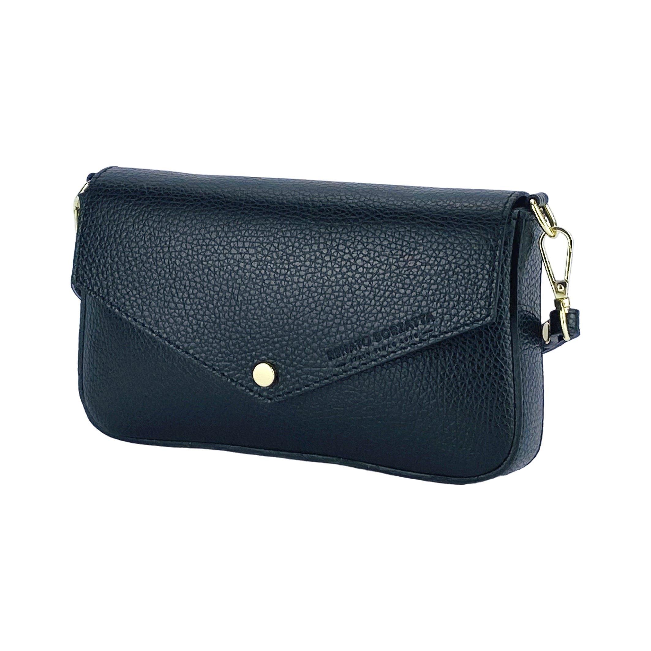 RB1023A | Borsa piccola a Spalla con Tracolla a catena removibile in Vera Pelle Made in Italy. Pattina di Chiusura. Accessori in metallo Oro Lucido - Colore Nero - Dimensioni: cm 22 x 12 x 3 - www.Shopthatapp.com