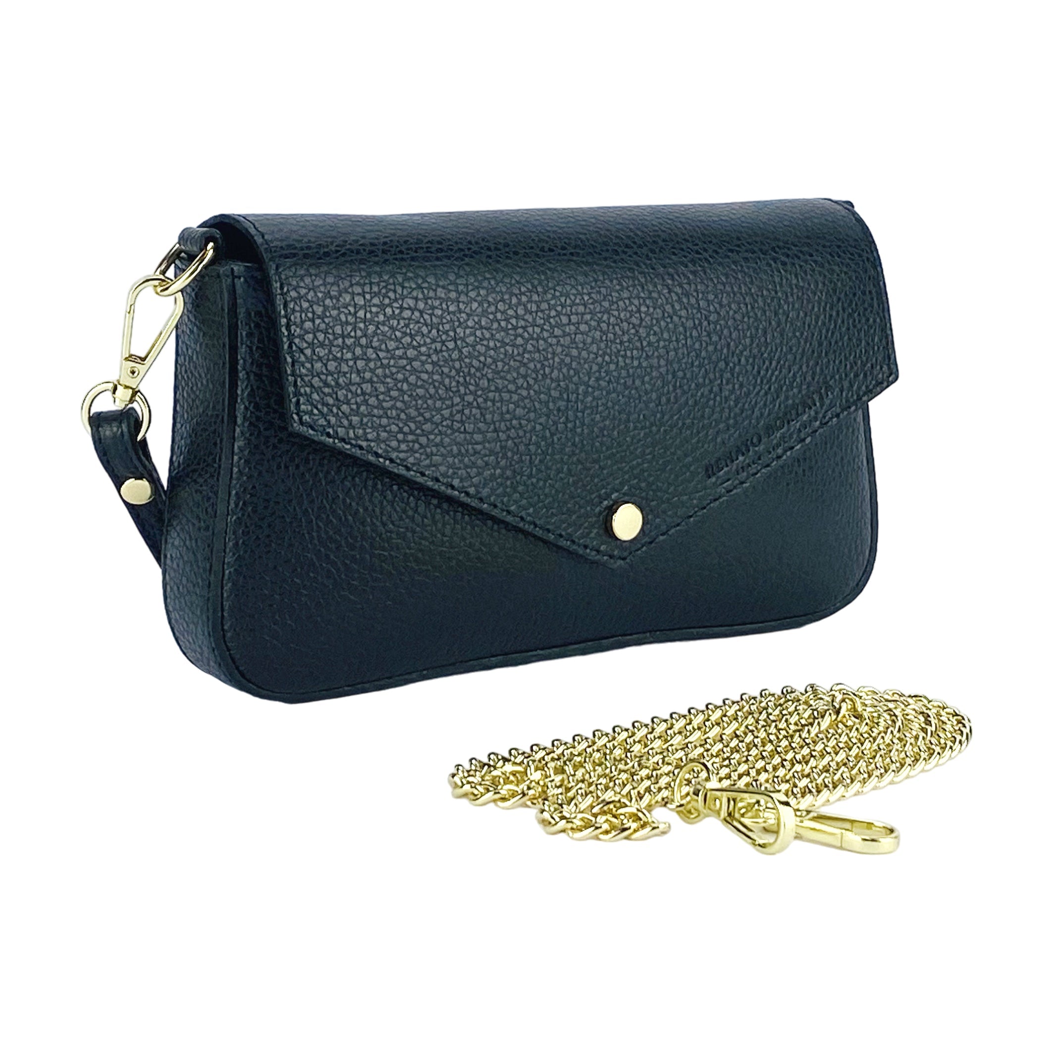 RB1023A | Borsa piccola a Spalla con Tracolla a catena removibile in Vera Pelle Made in Italy. Pattina di Chiusura. Accessori in metallo Oro Lucido - Colore Nero - Dimensioni: cm 22 x 12 x 3 - www.Shopthatapp.com