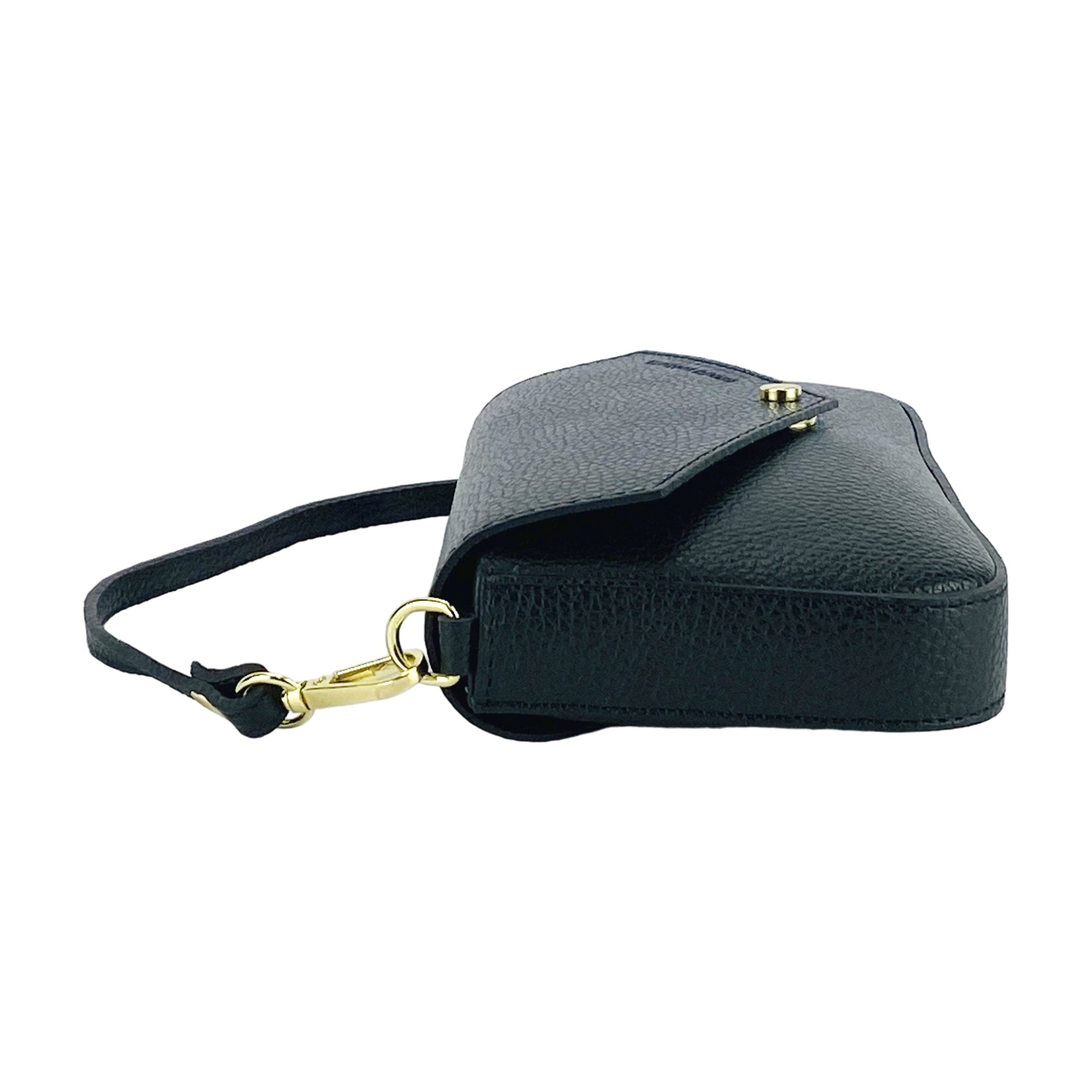 RB1023A | Borsa piccola a Spalla con Tracolla a catena removibile in Vera Pelle Made in Italy. Pattina di Chiusura. Accessori in metallo Oro Lucido - Colore Nero - Dimensioni: cm 22 x 12 x 3 - www.Shopthatapp.com