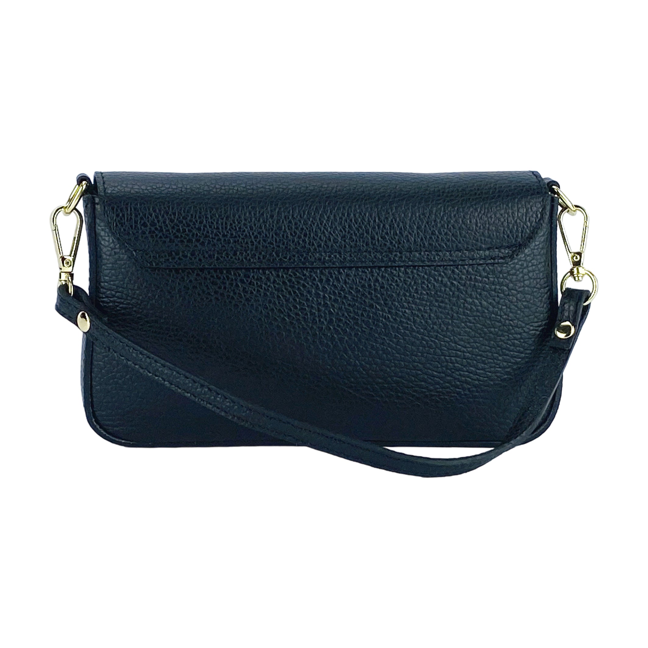RB1023A | Borsa piccola a Spalla con Tracolla a catena removibile in Vera Pelle Made in Italy. Pattina di Chiusura. Accessori in metallo Oro Lucido - Colore Nero - Dimensioni: cm 22 x 12 x 3 - www.Shopthatapp.com