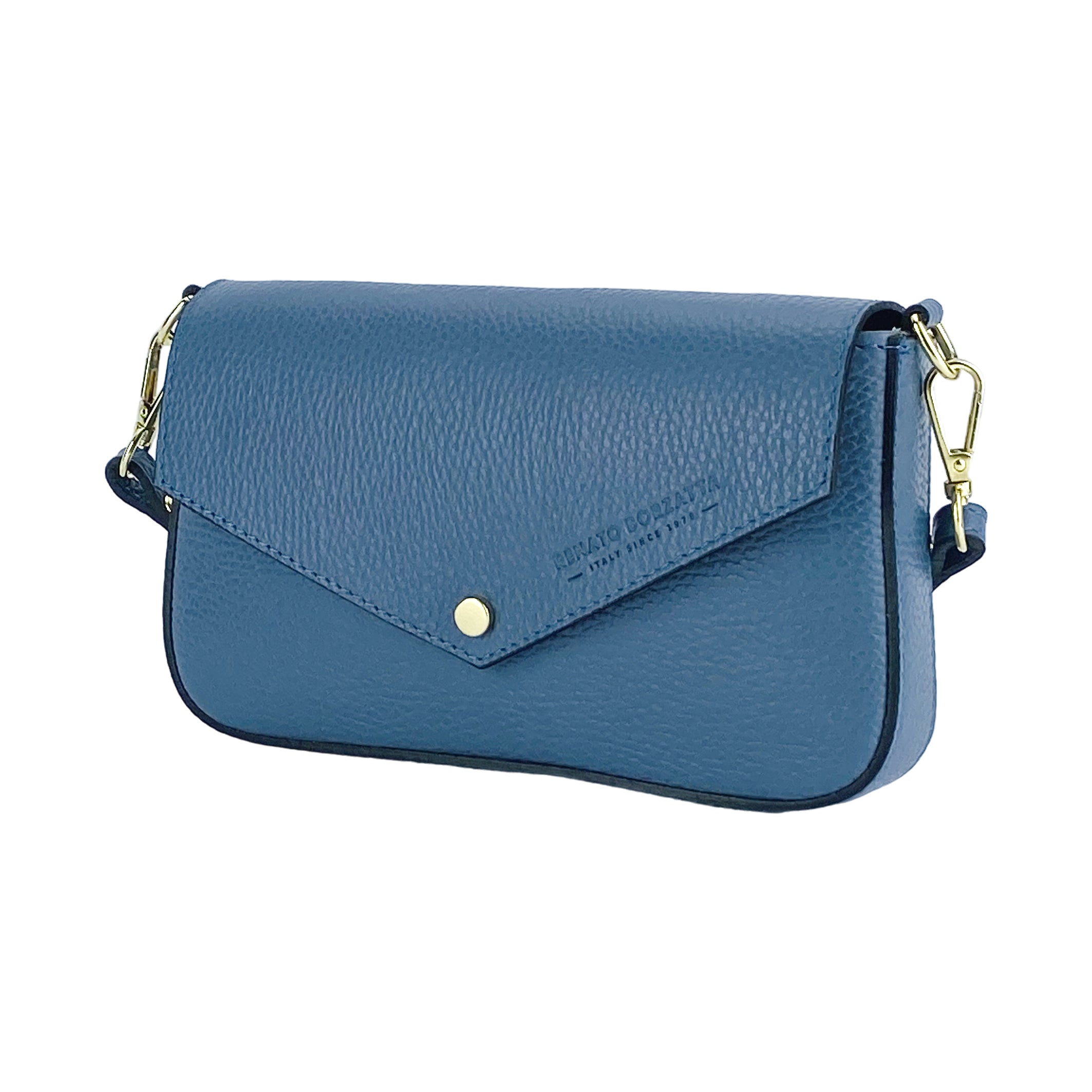RB1023P | Borsa piccola a Spalla con Tracolla a catena removibile in Vera Pelle Made in Italy. Pattina di Chiusura. Accessori in metallo Oro Lucido - Colore Avio - Dimensioni: cm 22 x 12 x 3 - www.Shopthatapp.com