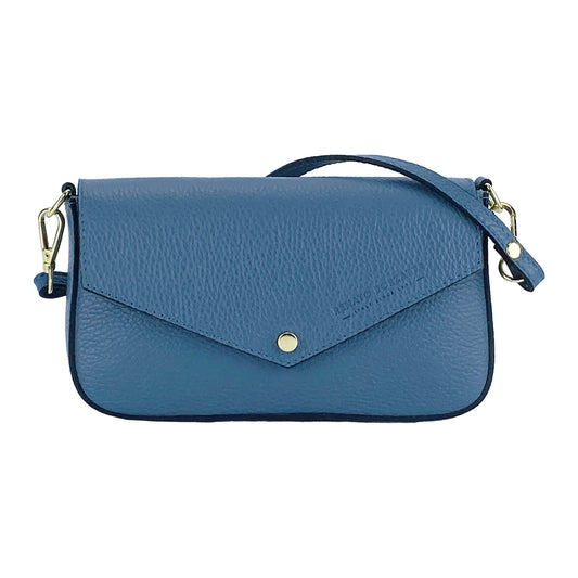 RB1023P | Borsa piccola a Spalla con Tracolla a catena removibile in Vera Pelle Made in Italy. Pattina di Chiusura. Accessori in metallo Oro Lucido - Colore Avio - Dimensioni: cm 22 x 12 x 3 - www.Shopthatapp.com