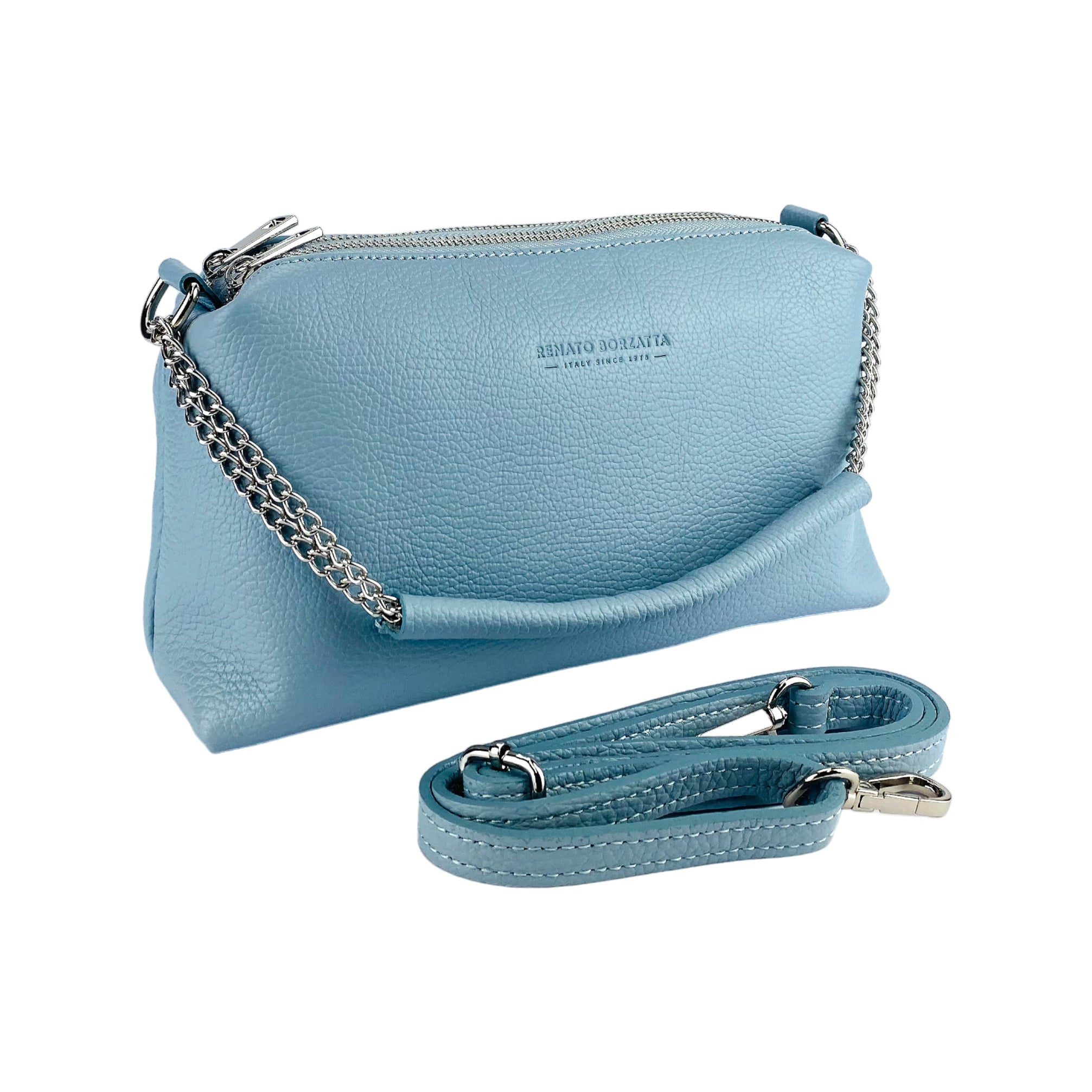 RB1025CL  | Borsa Donna a Mano con doppia lampo in Vera Pelle Made in Italy. Tracolla in pelle regolabile. Accessori Nickel Lucido - Colore Celeste - Dimensioni: cm 26 x 14 x 9 - www.Shopthatapp.com