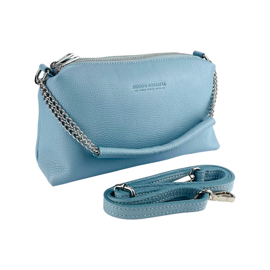 RB1025CL | Borsa Donna a Mano con doppia lampo en Vera Pelle Fabriqué en Italie. Tracolla en peau réglable. Accessoires Nickel Lucido - Couleur Celeste - Dimensions: cm 26 x 14 x 9