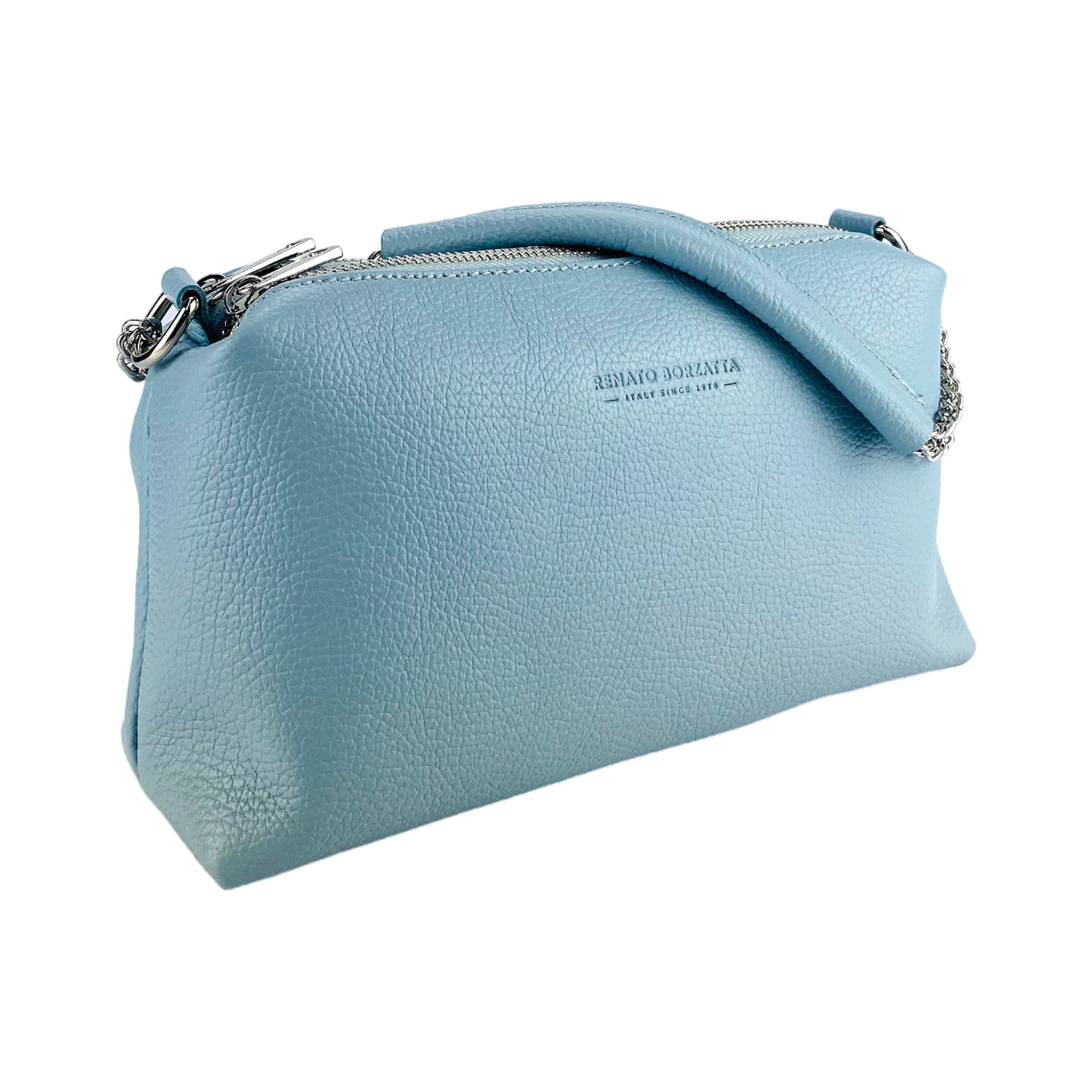 RB1025CL  | Borsa Donna a Mano con doppia lampo in Vera Pelle Made in Italy. Tracolla in pelle regolabile. Accessori Nickel Lucido - Colore Celeste - Dimensioni: cm 26 x 14 x 9 - www.Shopthatapp.com
