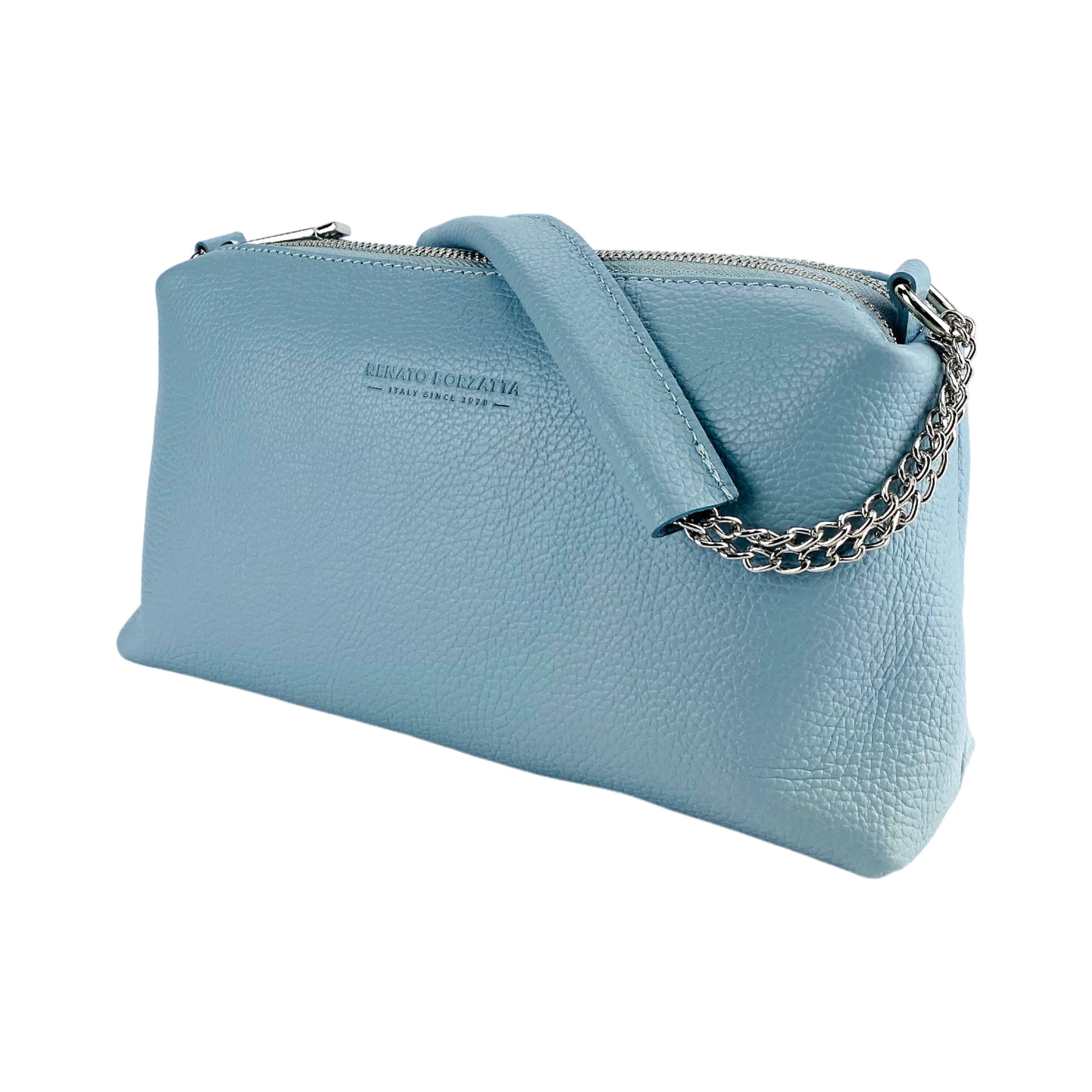 RB1025CL  | Borsa Donna a Mano con doppia lampo in Vera Pelle Made in Italy. Tracolla in pelle regolabile. Accessori Nickel Lucido - Colore Celeste - Dimensioni: cm 26 x 14 x 9 - www.Shopthatapp.com