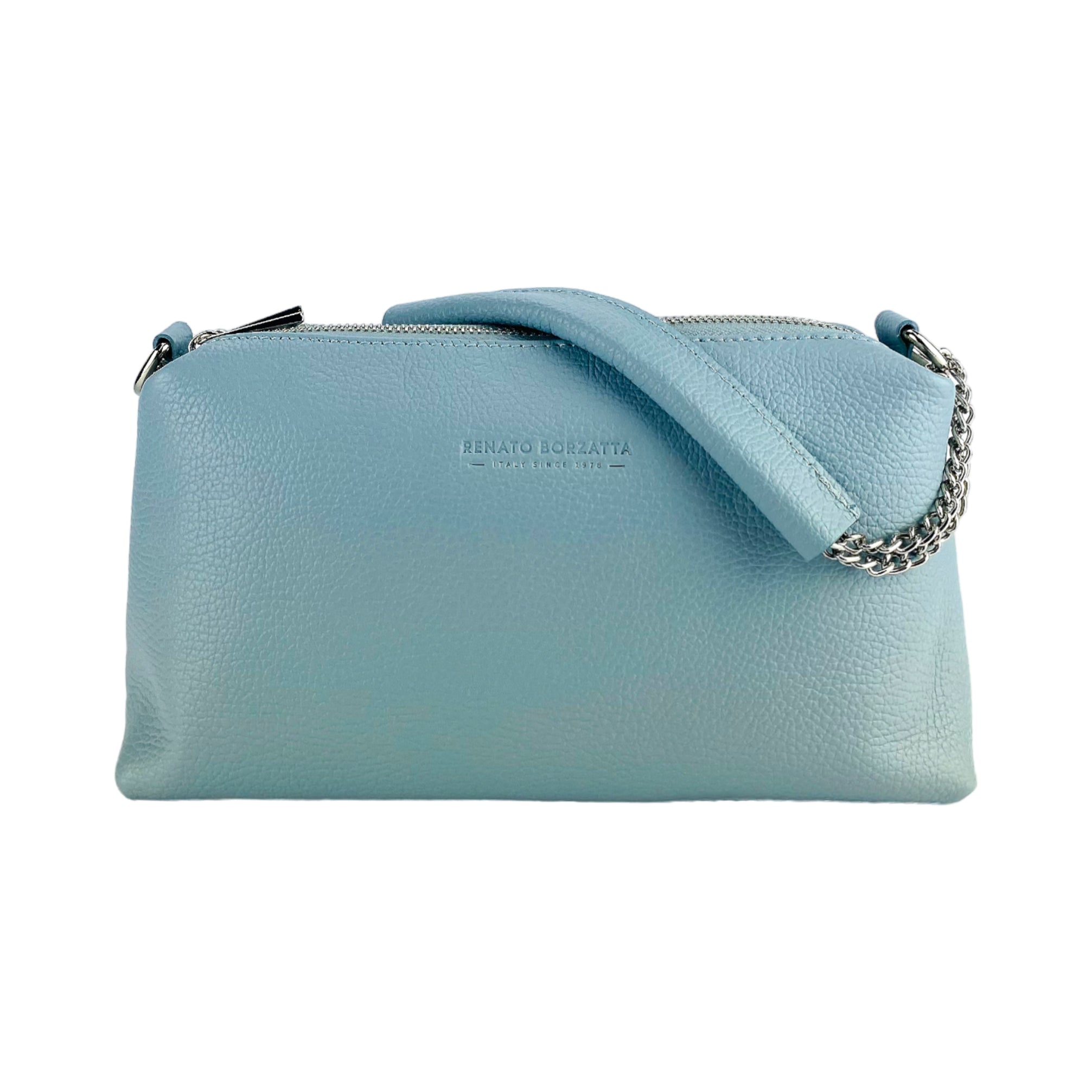 RB1025CL  | Borsa Donna a Mano con doppia lampo in Vera Pelle Made in Italy. Tracolla in pelle regolabile. Accessori Nickel Lucido - Colore Celeste - Dimensioni: cm 26 x 14 x 9 - www.Shopthatapp.com