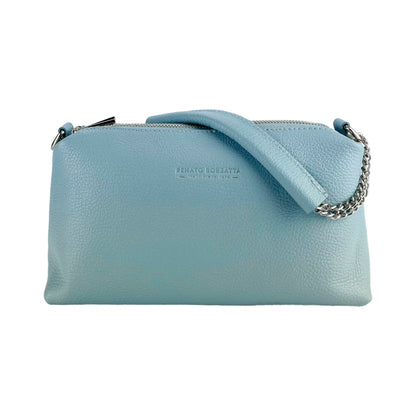 RB1025CL | Borsa Donna a Mano con doppia lampo en Vera Pelle Fabriqué en Italie. Tracolla en peau réglable. Accessoires Nickel Lucido - Couleur Celeste - Dimensions: cm 26 x 14 x 9