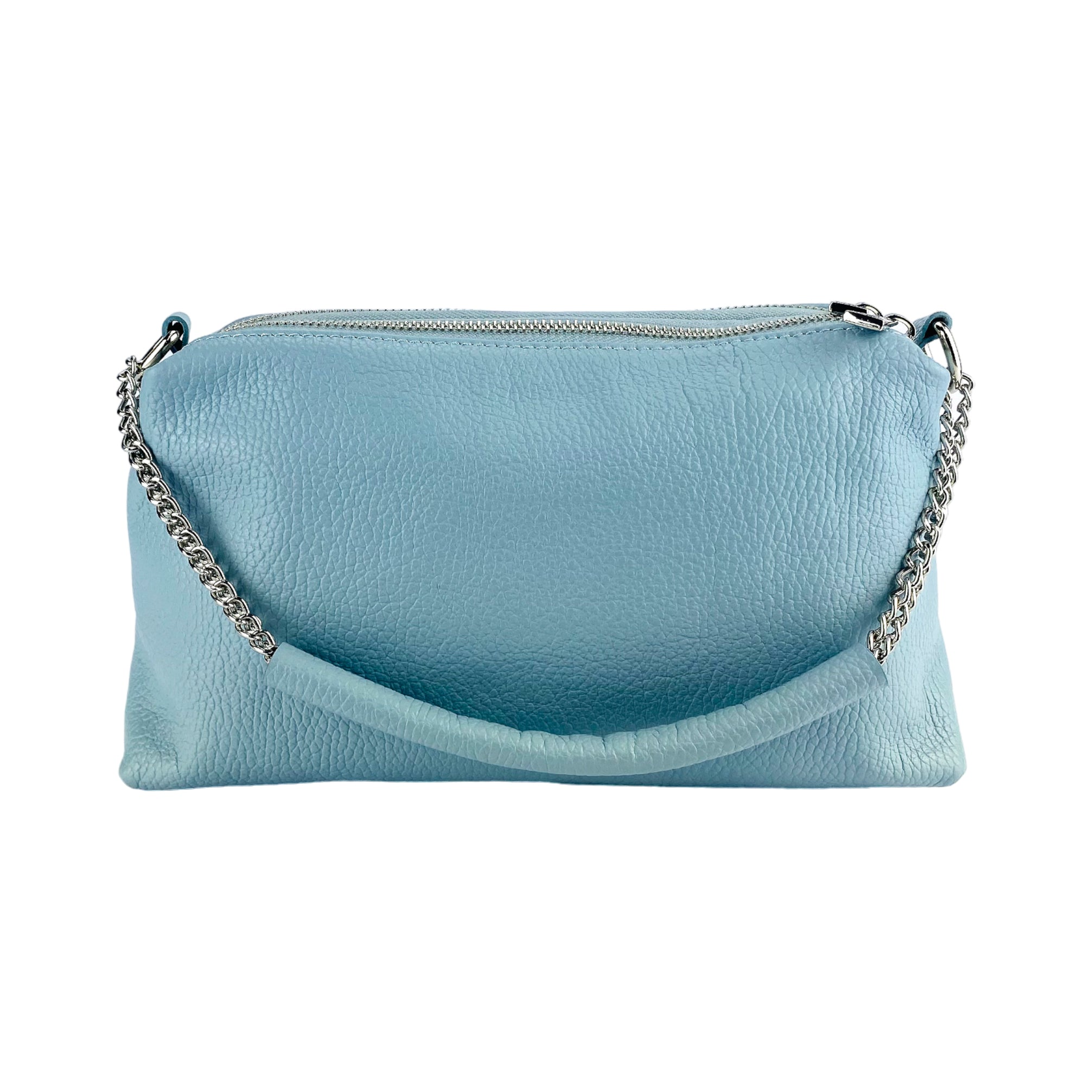 RB1025CL  | Borsa Donna a Mano con doppia lampo in Vera Pelle Made in Italy. Tracolla in pelle regolabile. Accessori Nickel Lucido - Colore Celeste - Dimensioni: cm 26 x 14 x 9 - www.Shopthatapp.com