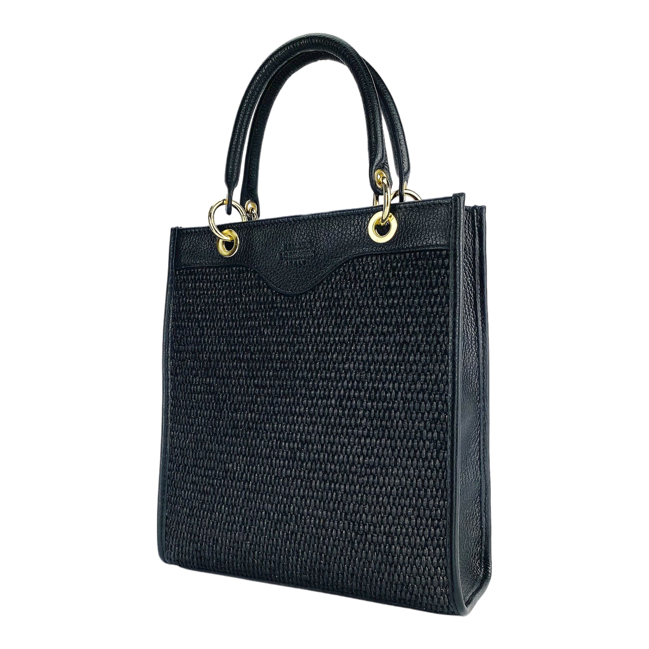 RB1026A  | Borsa Donna a mano verticale in Vera Pelle e Paglia Made in Italy. Tracolla removibile e regolabile in pelle. Accessori Oro Lucido - Colore Nero - Dimensioni: cm 24 x 29 x 9 - www.Shopthatapp.com