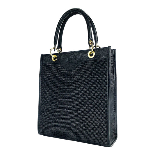 RB1026A | Borsa Donna a mano verticale en Vera Pelle e Paglia Made in Italy. Tracolla amovible et réglable en peau. Accessori Oro Lucido - Colore Nero - Dimensions: cm 24 x 29 x 9