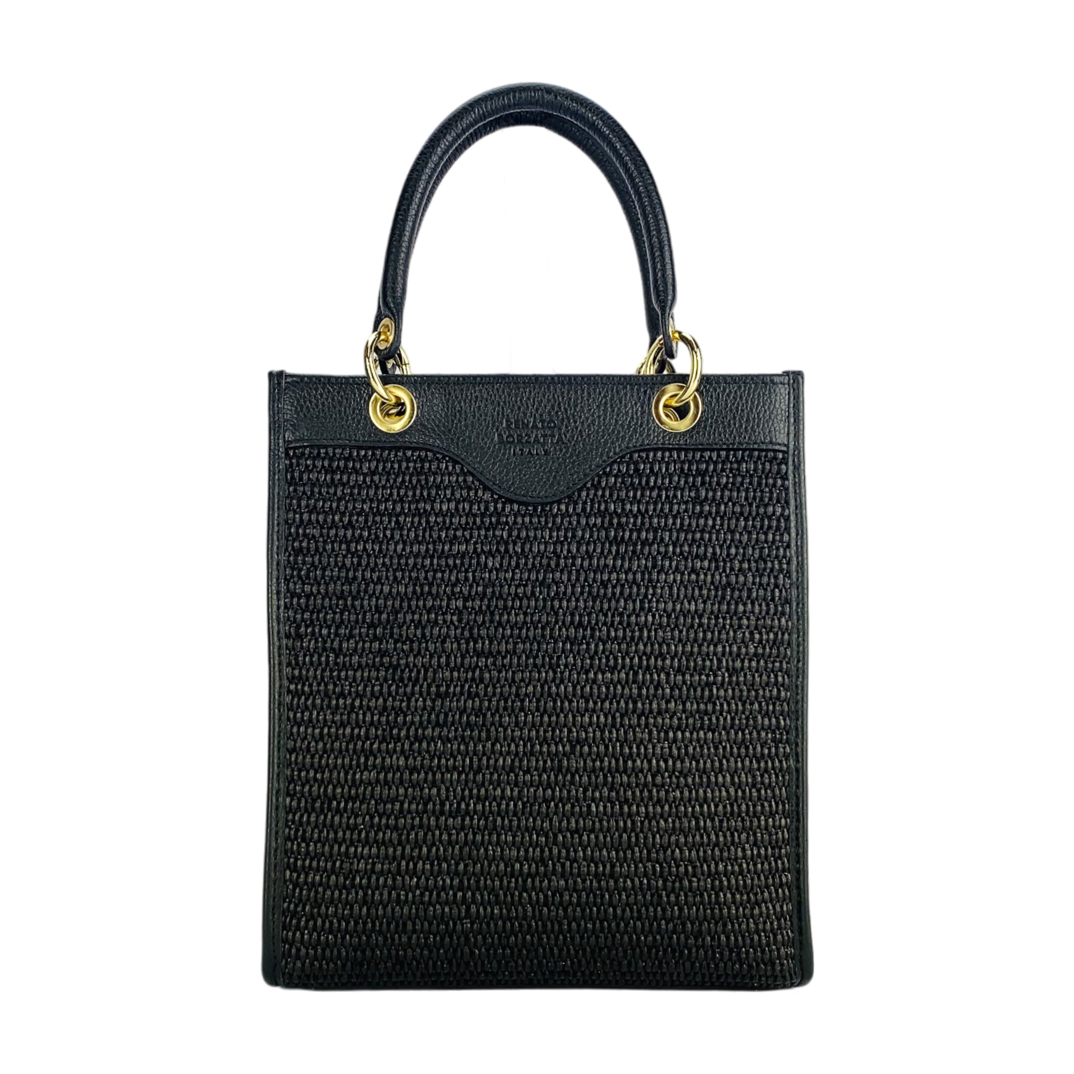 RB1026A  | Borsa Donna a mano verticale in Vera Pelle e Paglia Made in Italy. Tracolla removibile e regolabile in pelle. Accessori Oro Lucido - Colore Nero - Dimensioni: cm 24 x 29 x 9 - www.Shopthatapp.com