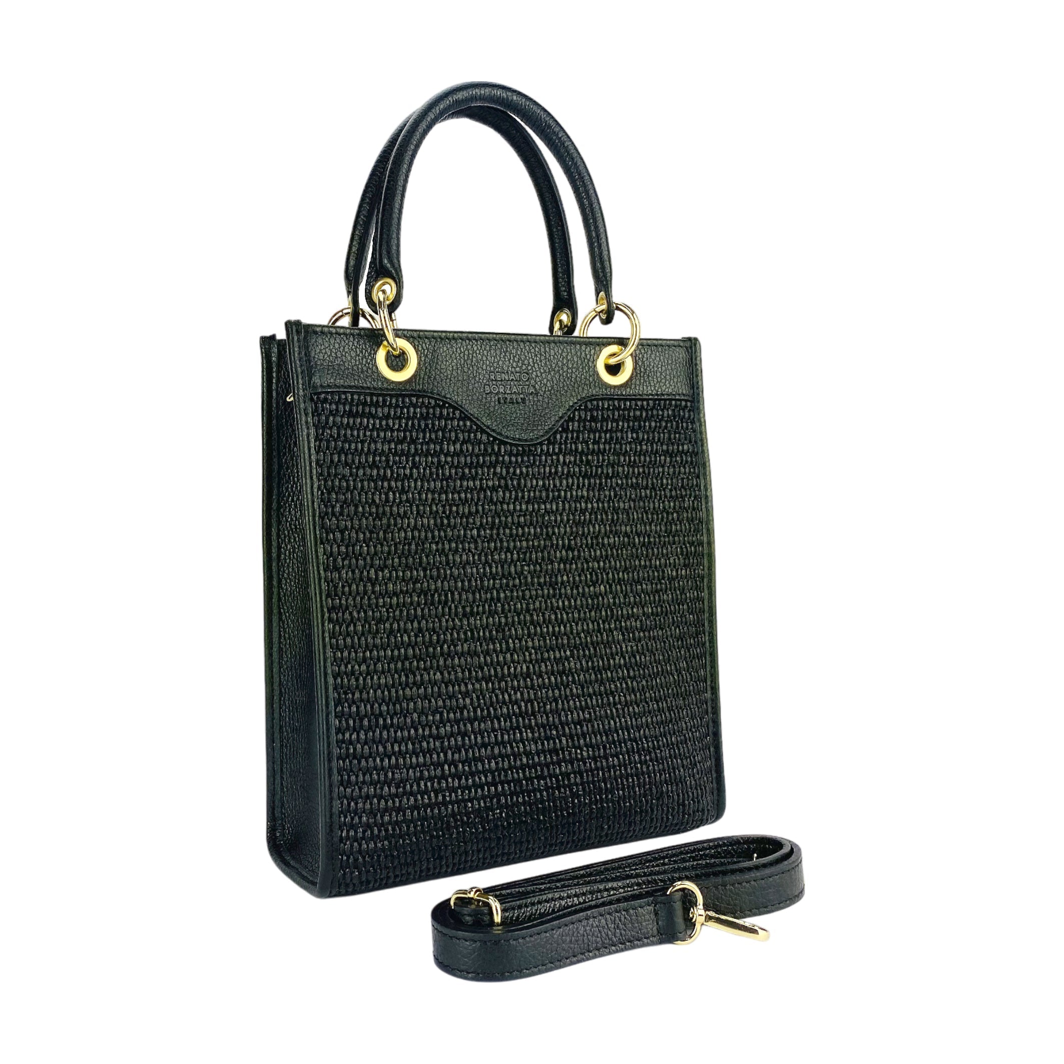 RB1026A  | Borsa Donna a mano verticale in Vera Pelle e Paglia Made in Italy. Tracolla removibile e regolabile in pelle. Accessori Oro Lucido - Colore Nero - Dimensioni: cm 24 x 29 x 9 - www.Shopthatapp.com