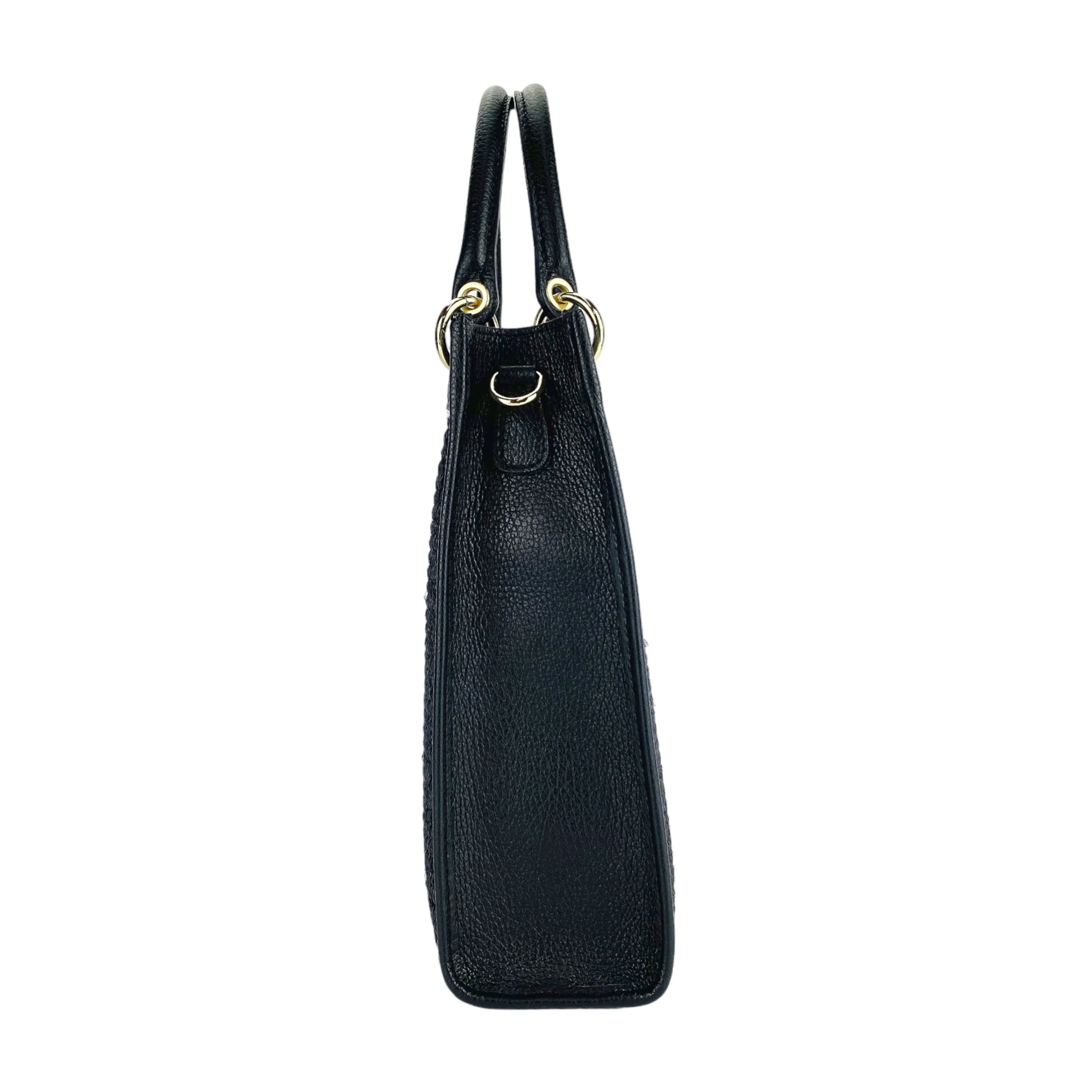 RB1026A  | Borsa Donna a mano verticale in Vera Pelle e Paglia Made in Italy. Tracolla removibile e regolabile in pelle. Accessori Oro Lucido - Colore Nero - Dimensioni: cm 24 x 29 x 9 - www.Shopthatapp.com