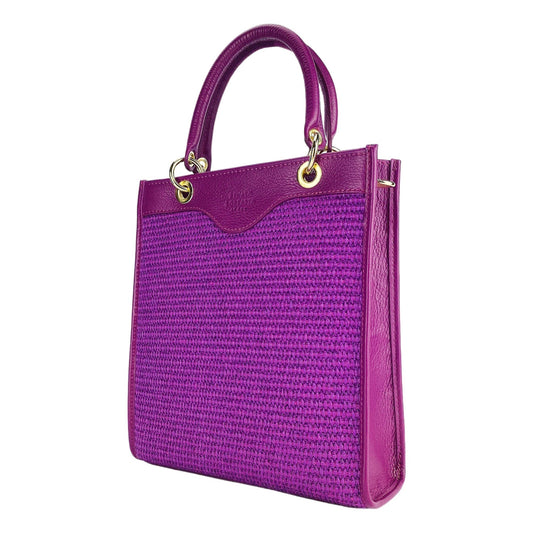 RB1026CN | Borsa Donna a mano verticale en Vera Pelle e Paglia Made in Italy. Tracolla amovible et réglable en peau. Accessori Oro Lucido - Colore Lampone - Dimensions: cm 24 x 29 x 9