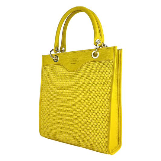 RB1026R | Borsa Donna a mano verticale en Vera Pelle e Paglia Made in Italy. Tracolla amovible et réglable en peau. Accessori Oro Lucido - Colore Giallo - Dimensions: cm 24 x 29 x 9