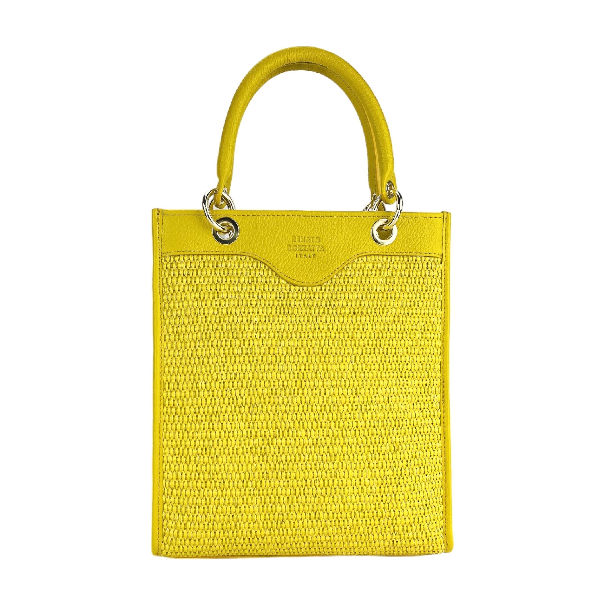 RB1026R  | Borsa Donna a mano verticale in Vera Pelle e Paglia Made in Italy. Tracolla removibile e regolabile in pelle. Accessori Oro Lucido - Colore Giallo - Dimensioni: cm 24 x 29 x 9 - www.Shopthatapp.com