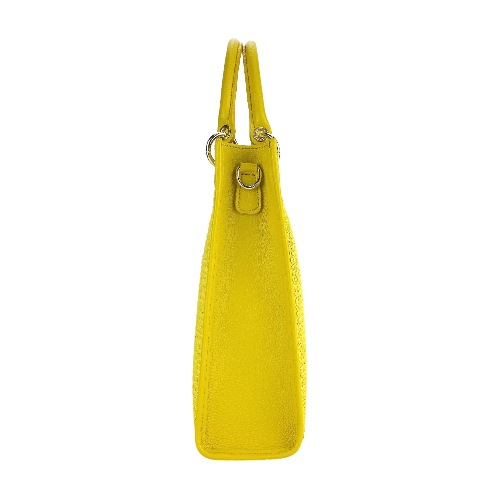 RB1026R  | Borsa Donna a mano verticale in Vera Pelle e Paglia Made in Italy. Tracolla removibile e regolabile in pelle. Accessori Oro Lucido - Colore Giallo - Dimensioni: cm 24 x 29 x 9 - www.Shopthatapp.com
