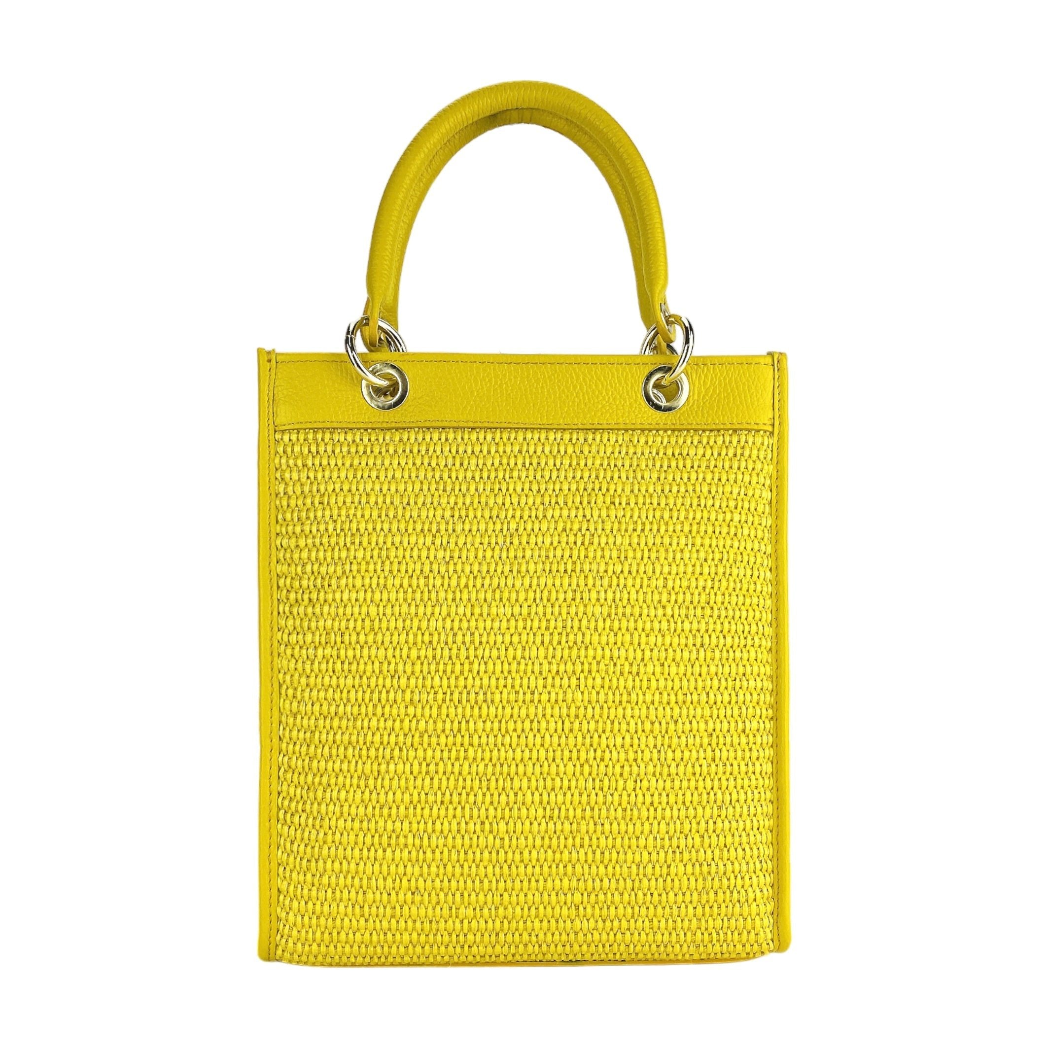 RB1026R  | Borsa Donna a mano verticale in Vera Pelle e Paglia Made in Italy. Tracolla removibile e regolabile in pelle. Accessori Oro Lucido - Colore Giallo - Dimensioni: cm 24 x 29 x 9 - www.Shopthatapp.com