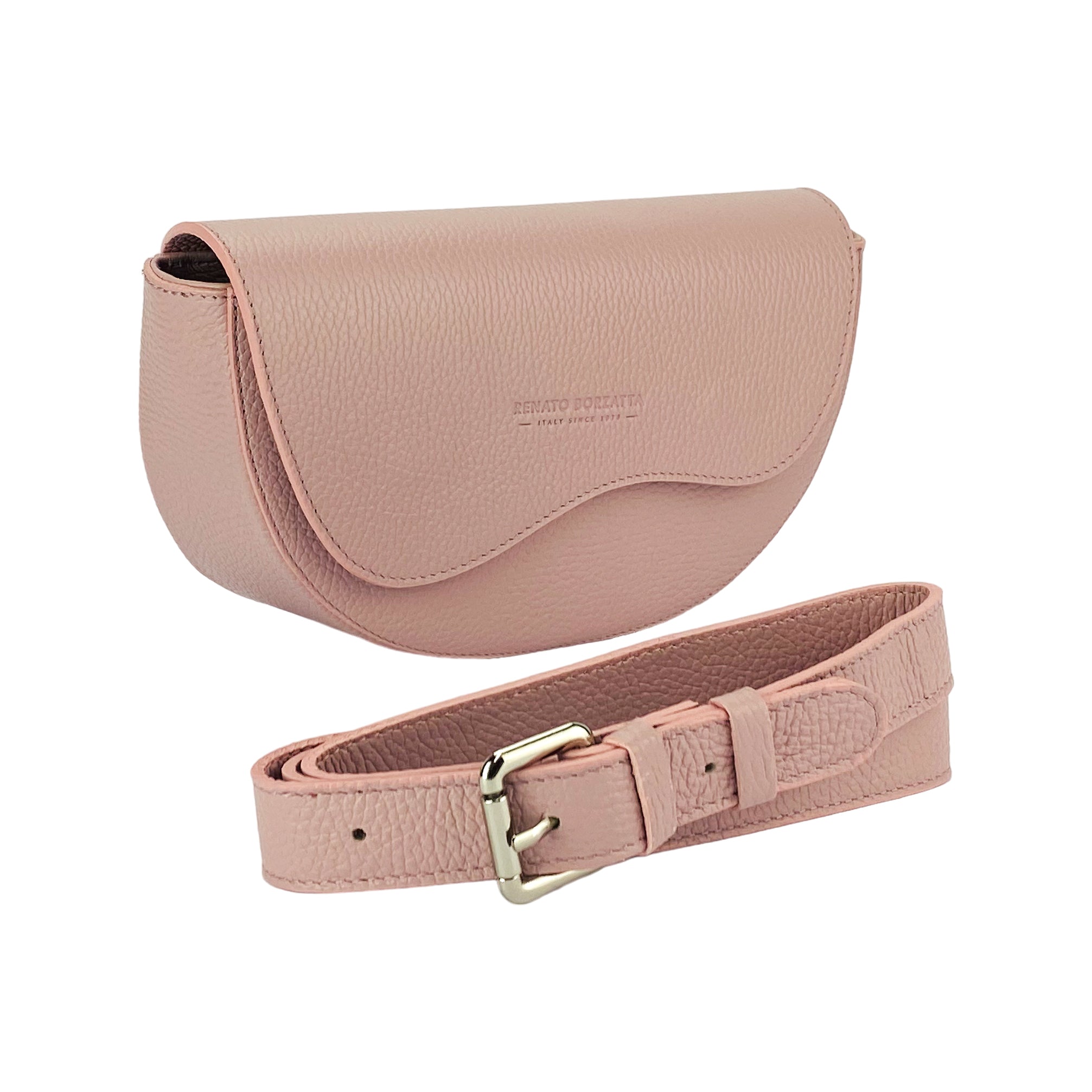 RB1027AZ  | Borsa Donna a Bandoliera stondata in Vera Pelle Made in Italy. Tracolla removibile e regolabile in pelle. Accessori Nickel Lucido - Colore Rosa Antico - Dimensioni: cm 25 x 15 x 9 - www.Shopthatapp.com