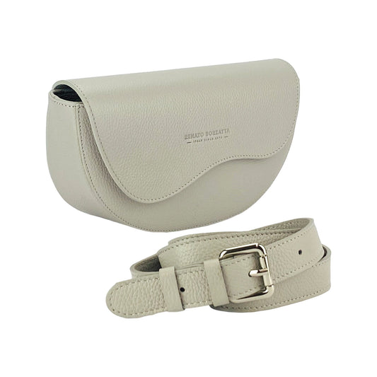 RB1027BO | Borsa Donna a Bandoliera stondata en Vera Pelle Made in Italy. Tracolla amovible et réglable en peau. Accessoires Nickel Lucido - Couleur Ghiaccio - Dimensions: cm 25 x 15 x 9