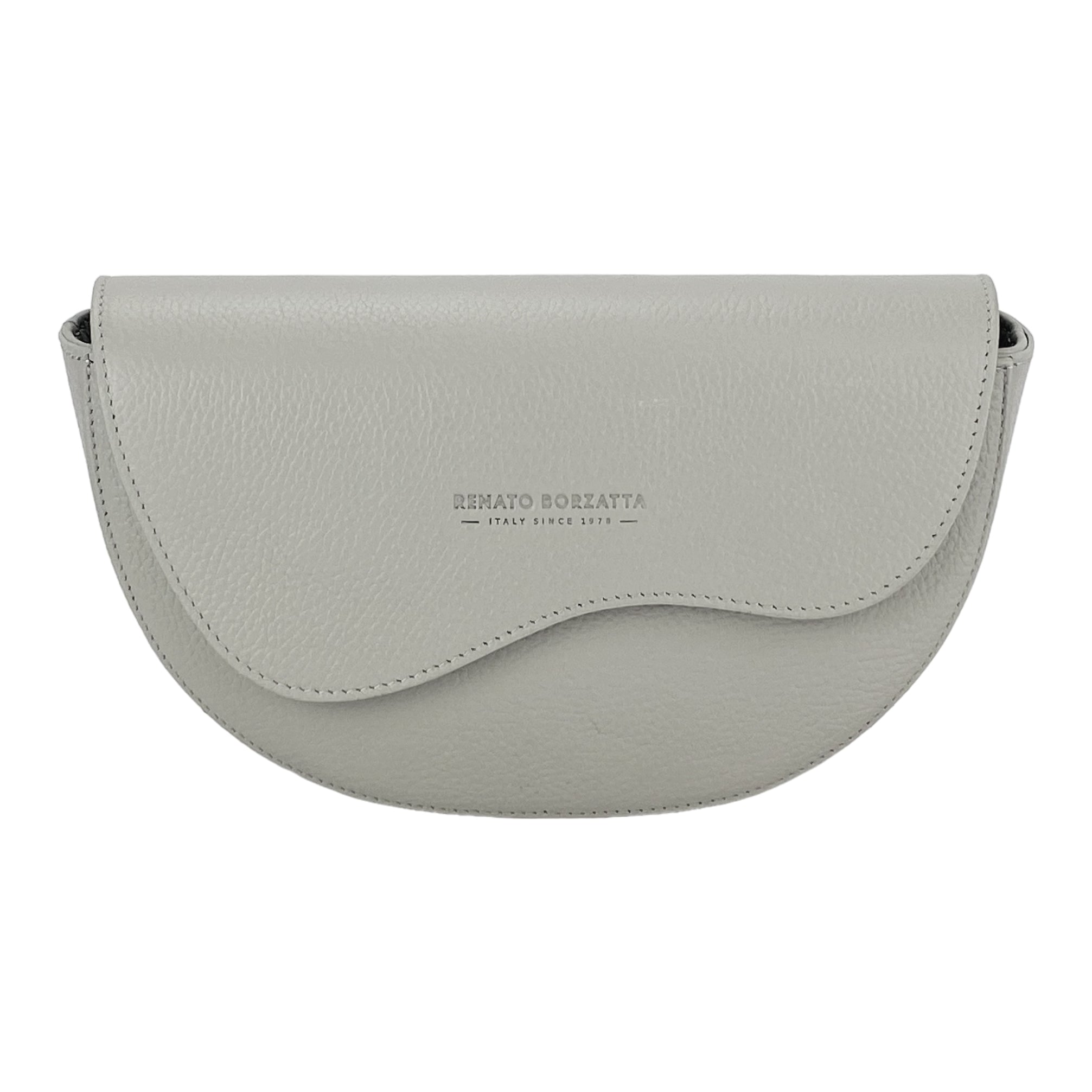 RB1027BO  | Borsa Donna a Bandoliera stondata in Vera Pelle Made in Italy. Tracolla removibile e regolabile in pelle. Accessori Nickel Lucido - Colore Ghiaccio - Dimensioni: cm 25 x 15 x 9 - www.Shopthatapp.com
