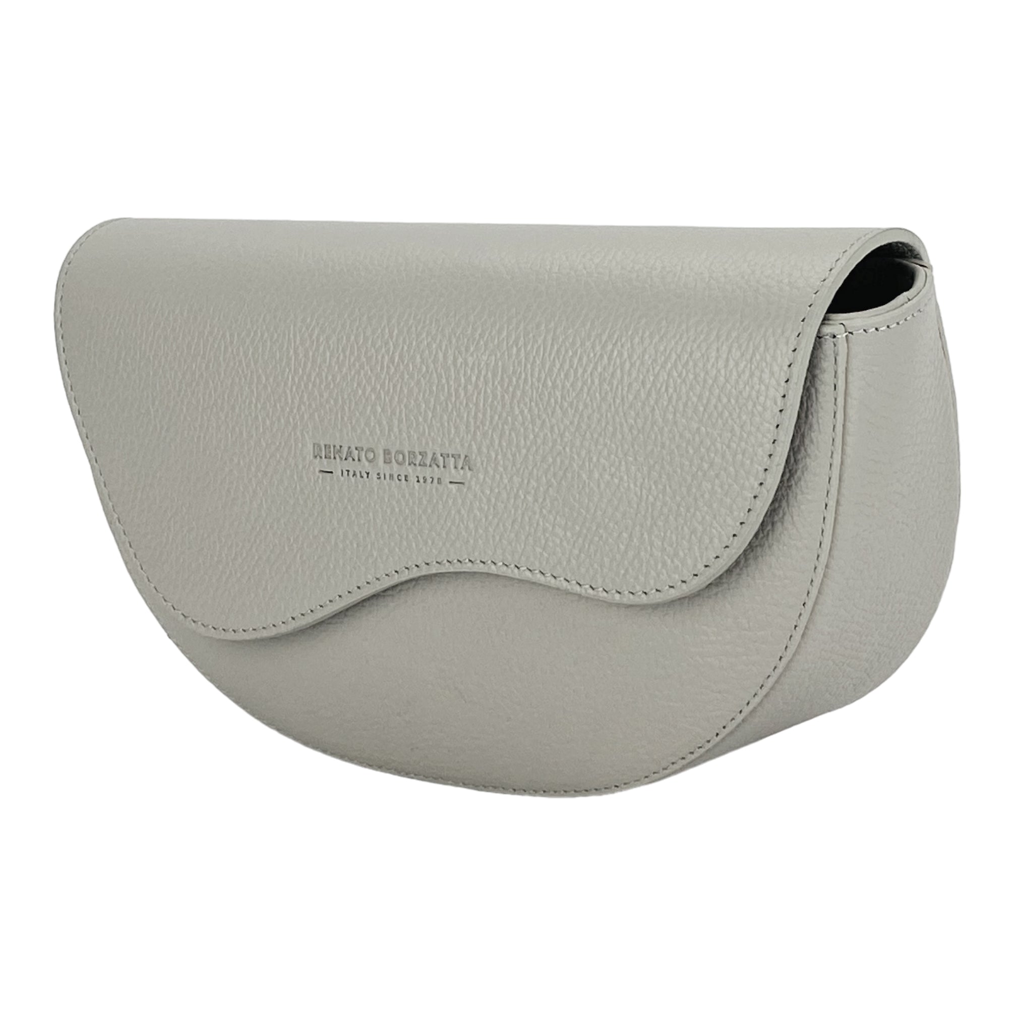 RB1027BO  | Borsa Donna a Bandoliera stondata in Vera Pelle Made in Italy. Tracolla removibile e regolabile in pelle. Accessori Nickel Lucido - Colore Ghiaccio - Dimensioni: cm 25 x 15 x 9 - www.Shopthatapp.com