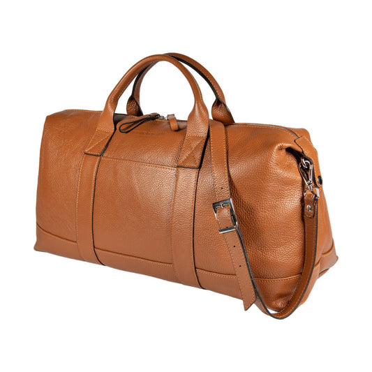 RB1029S | Borsone da Viaggio in Vera Pelle Made in Italy con Tracolla regolabile e removibile. Chiusura con lampo e Accessori in metallo Nickel Lucido - Colore Cognac - Dimensioni: cm 57 x 26 x 24 - www.Shopthatapp.com