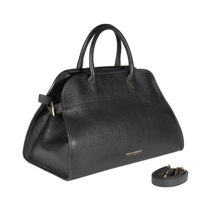 RB1032A | Borsa a Mano Donna FRIDA in Vera Pelle Made in Italy. Accessori in metallo Oro Lucido - Colore Nero - Dimensioni: cm 43 x 29 x 24 + 12 (Luce manici)